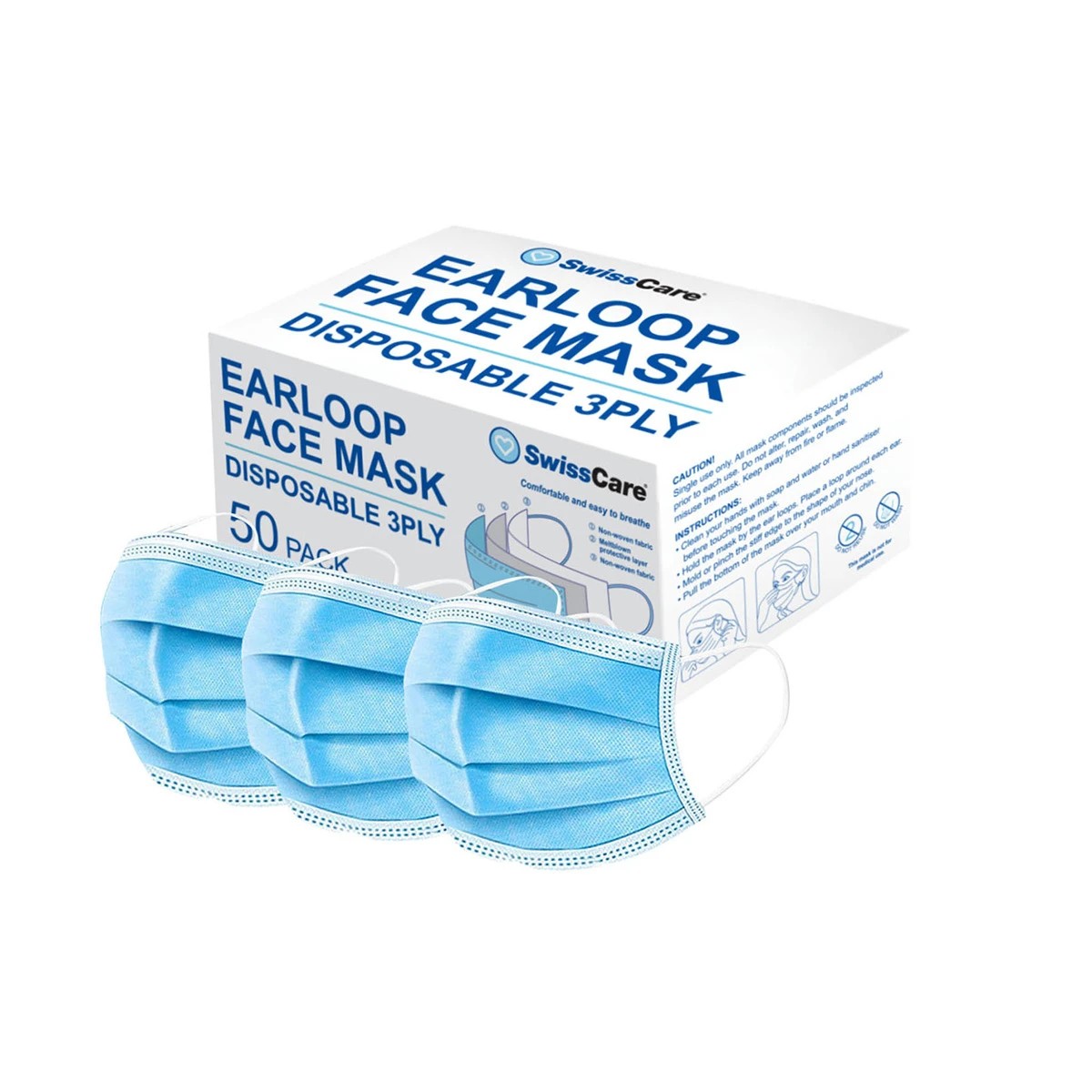 1 50 Pack SwissCare Disposable 3 Ply Earloop Face Masks, 1 of 3