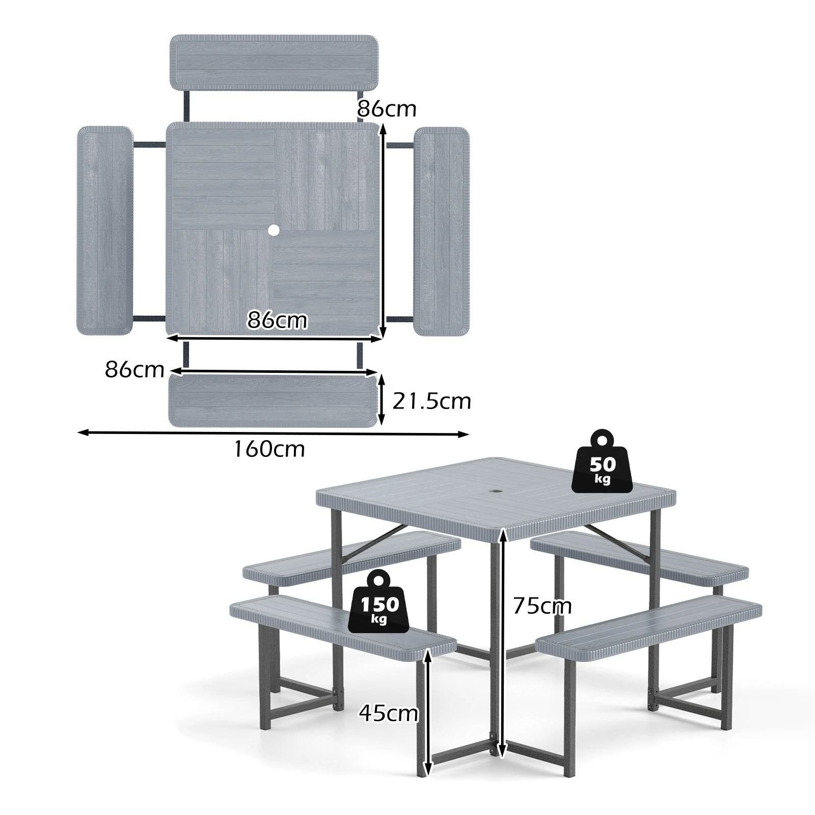 2 Costway Picnic Table Bench Set for 4-8 People w/All-Weather HDPE Tabletop & Umbrella Hole - Grey, 2 of 3