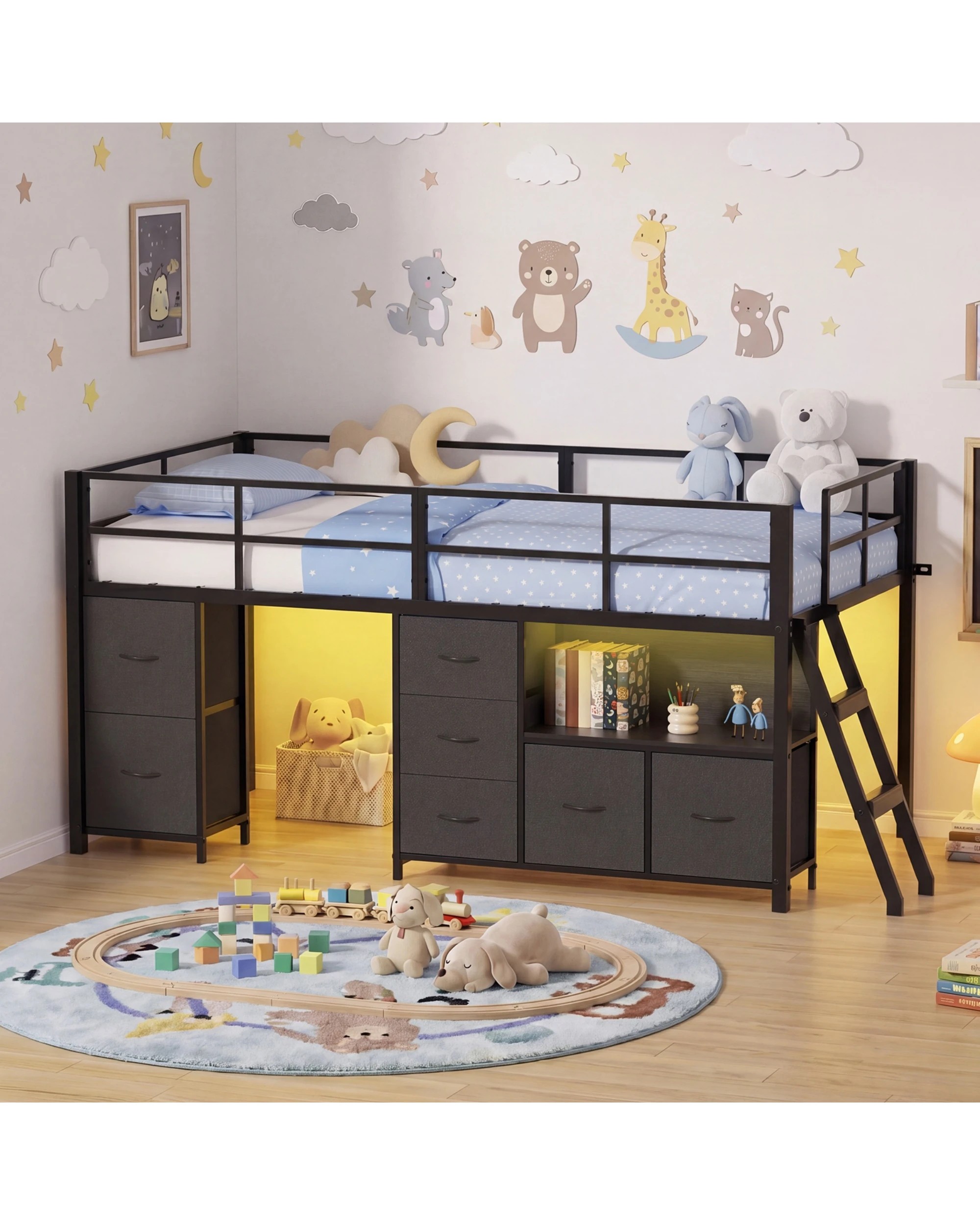 2 Advwin King Single Low Loft Bed with 7 Drawers Bookcase LED Light for Kids - Black, 2 of 6