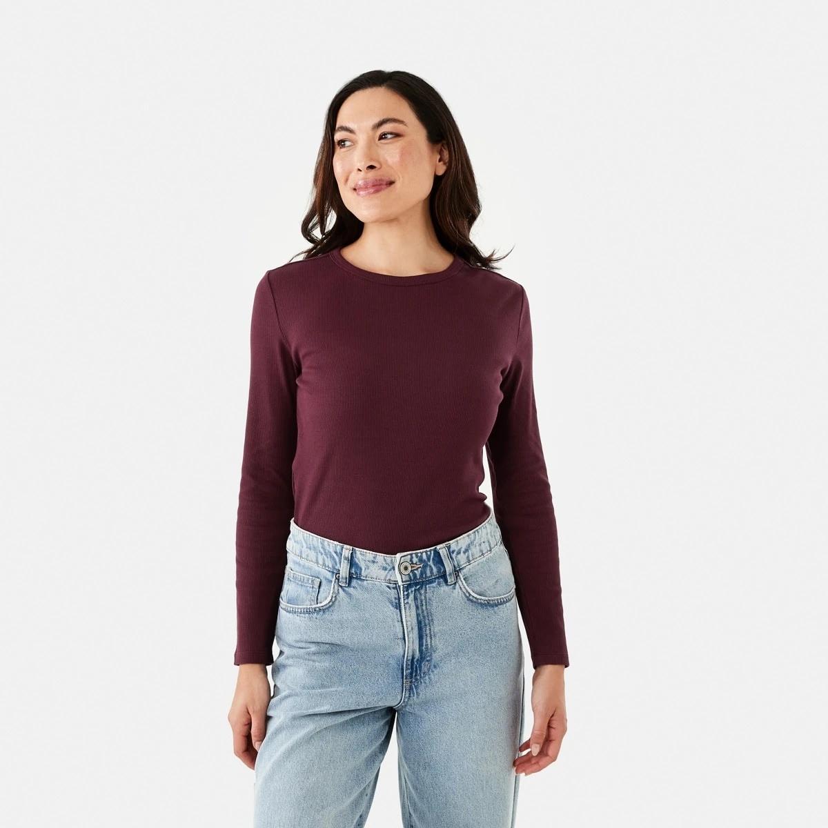 1 Long Sleeve Rib Crew T-shirt Burgundy, 1 of 6