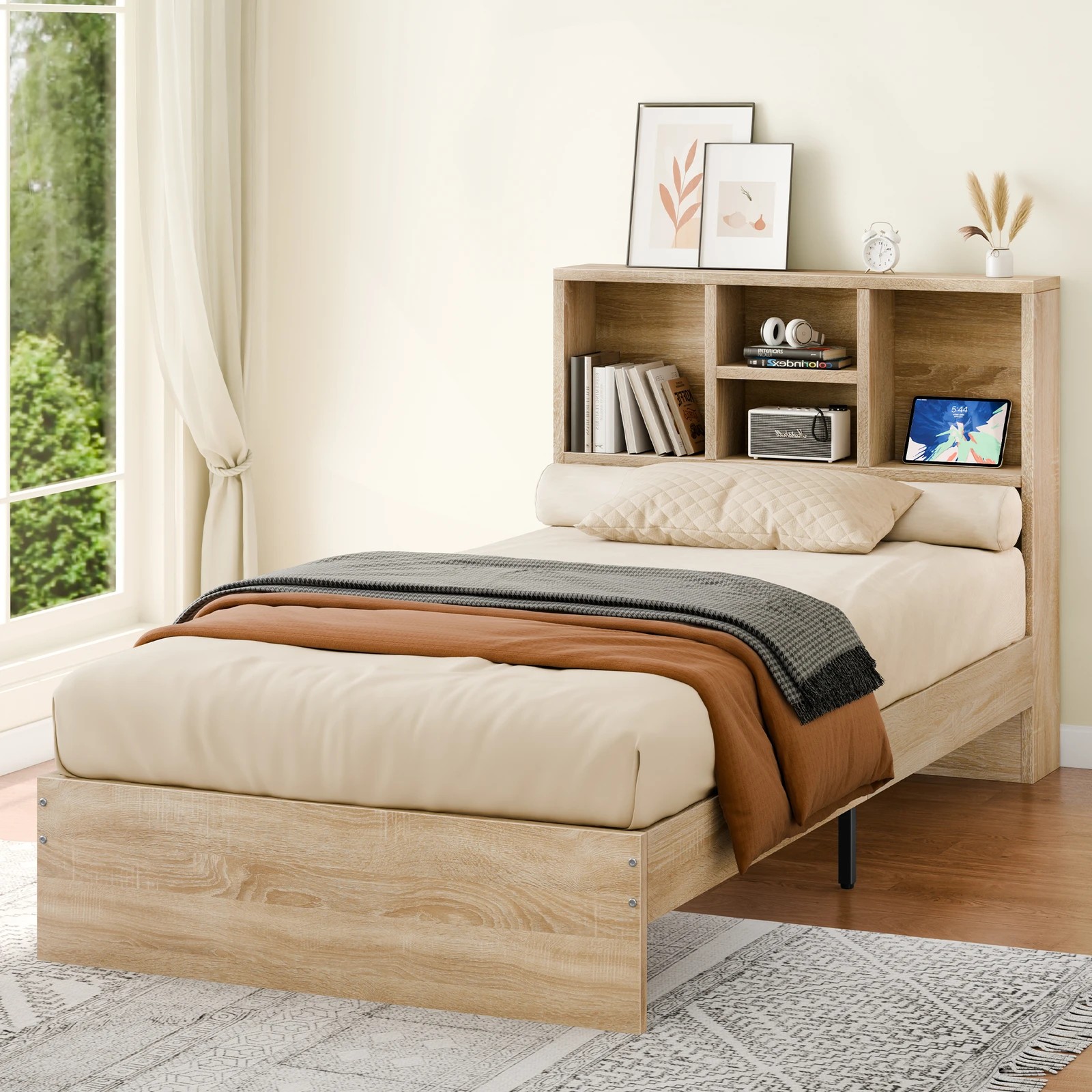 10 Alfordson Wooden Bed Frame Single Size Base with Bookshelf Storage Headboard - Oak, 10 of 10