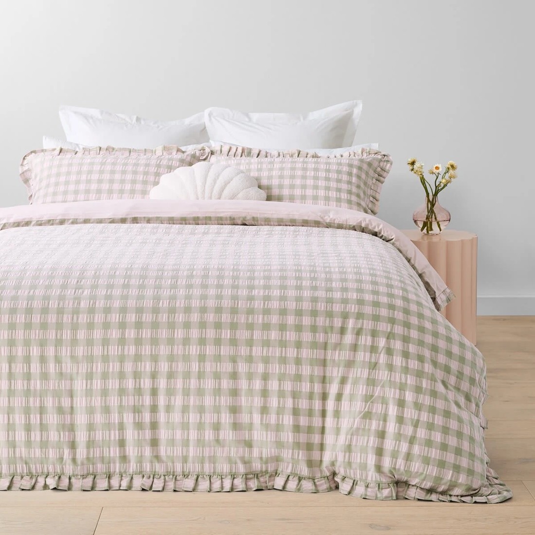 1 Gingham Ruffle Cotton Quilt Cover Set - Single Bed, Sage and Pink, 1 of 6