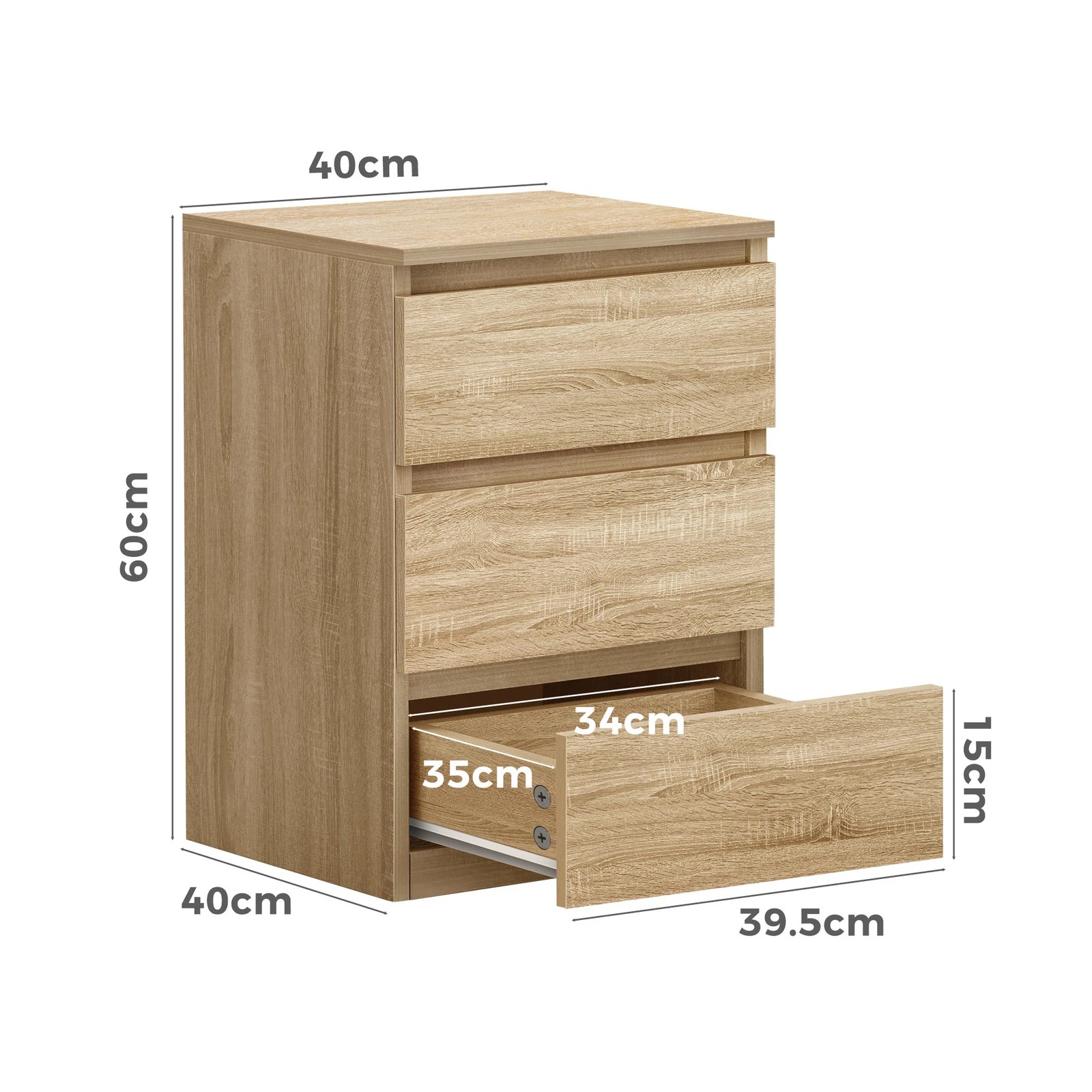 7 Alfordson 2x Bedside Table Nightstand 3 Drawers Side End Table Wood - Oak, 7 of 9
