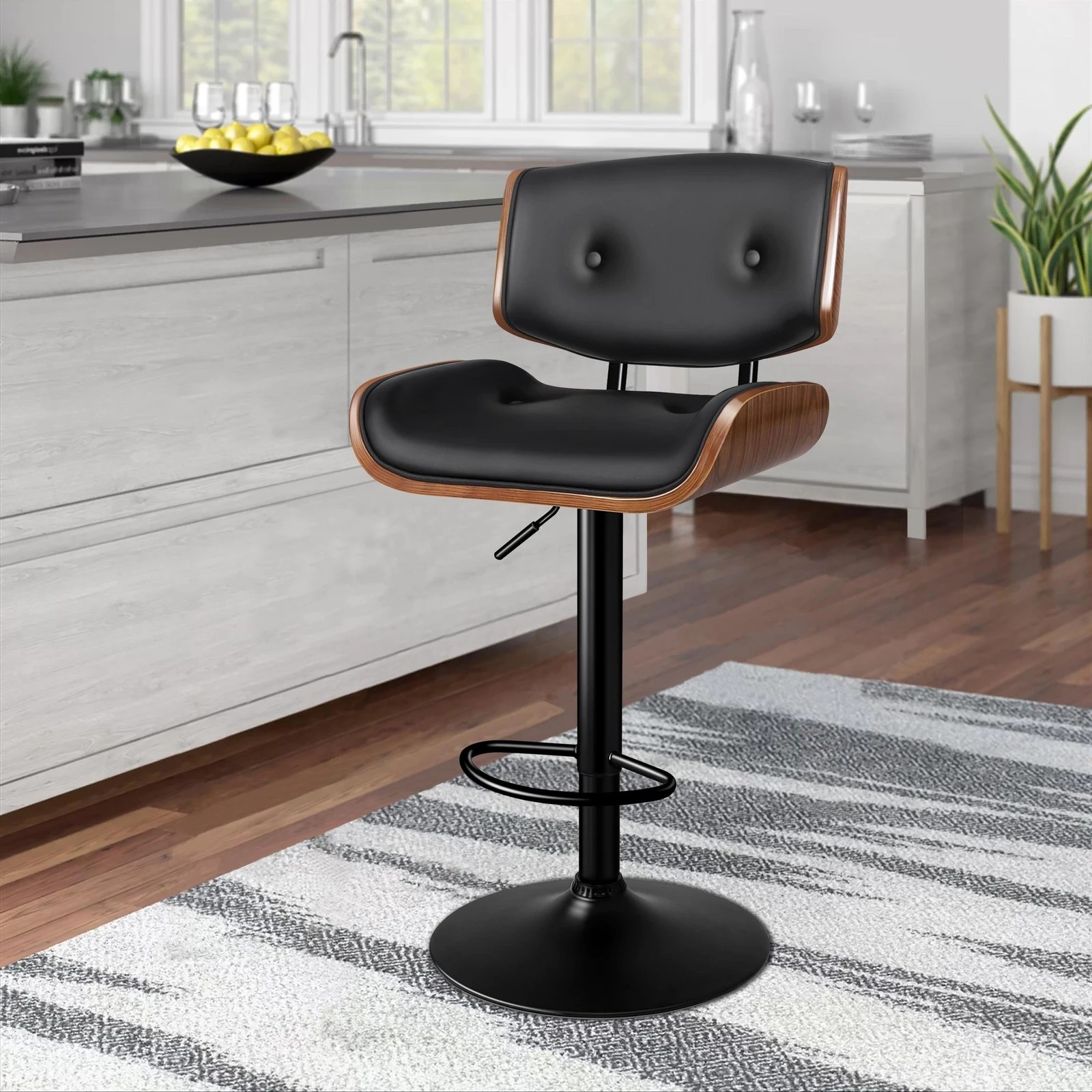 2 Alfordson 1x Bar Stool Kitchen Swivel Chair Wooden Leather Gas Lift - Black, 2 of 9