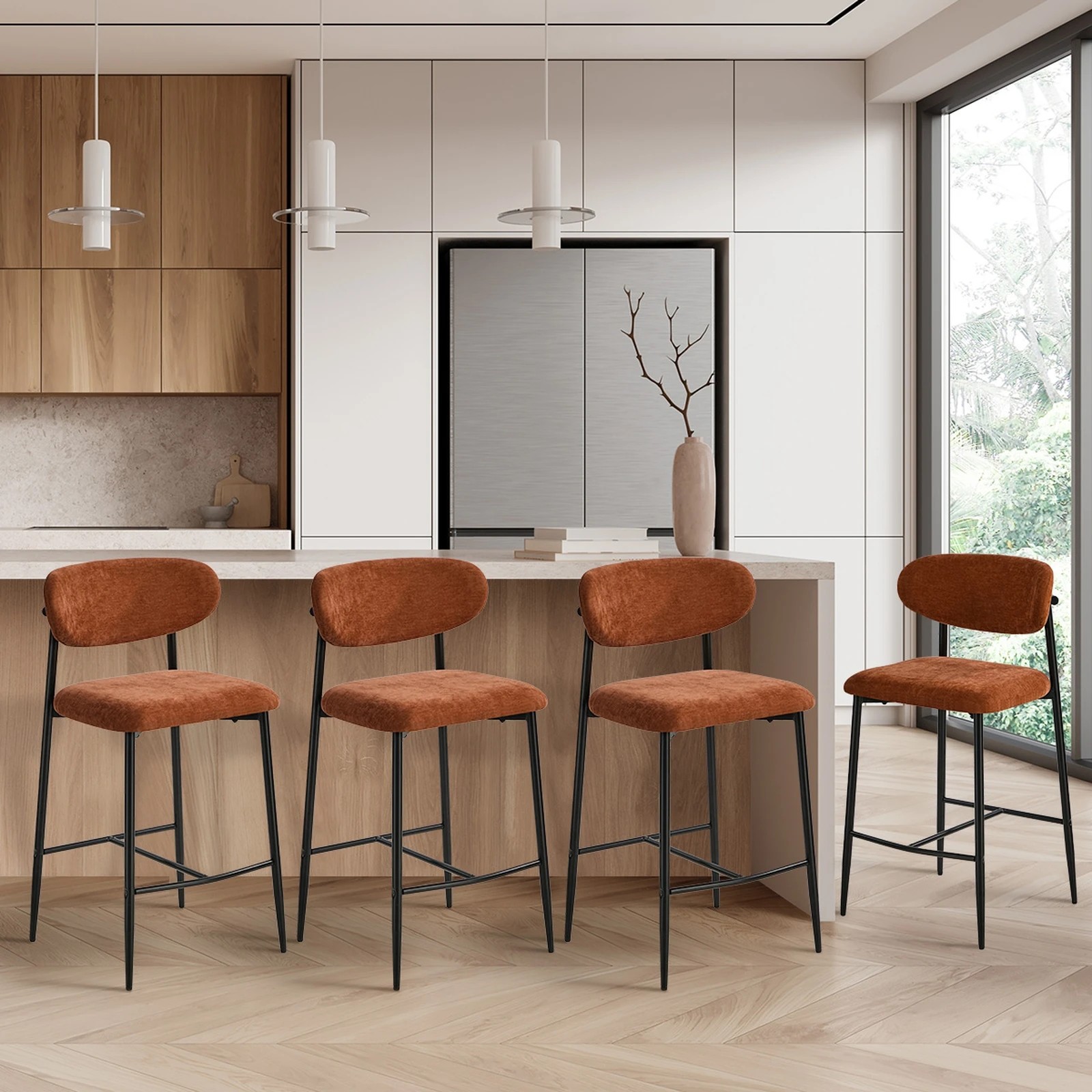 4 Oikiture 4x Bar Stools Kitchen Stool Counter Chair Fabric- Orange, 4 of 9