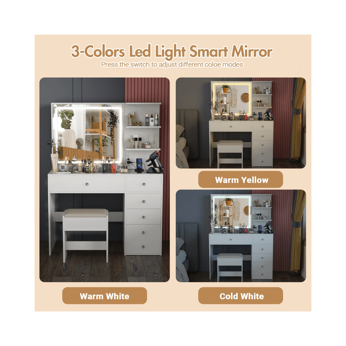 5 Advwin Dressing Table Stool Set Charging Station Lights Glass Tabletop Vanity Desk, 5 of 10