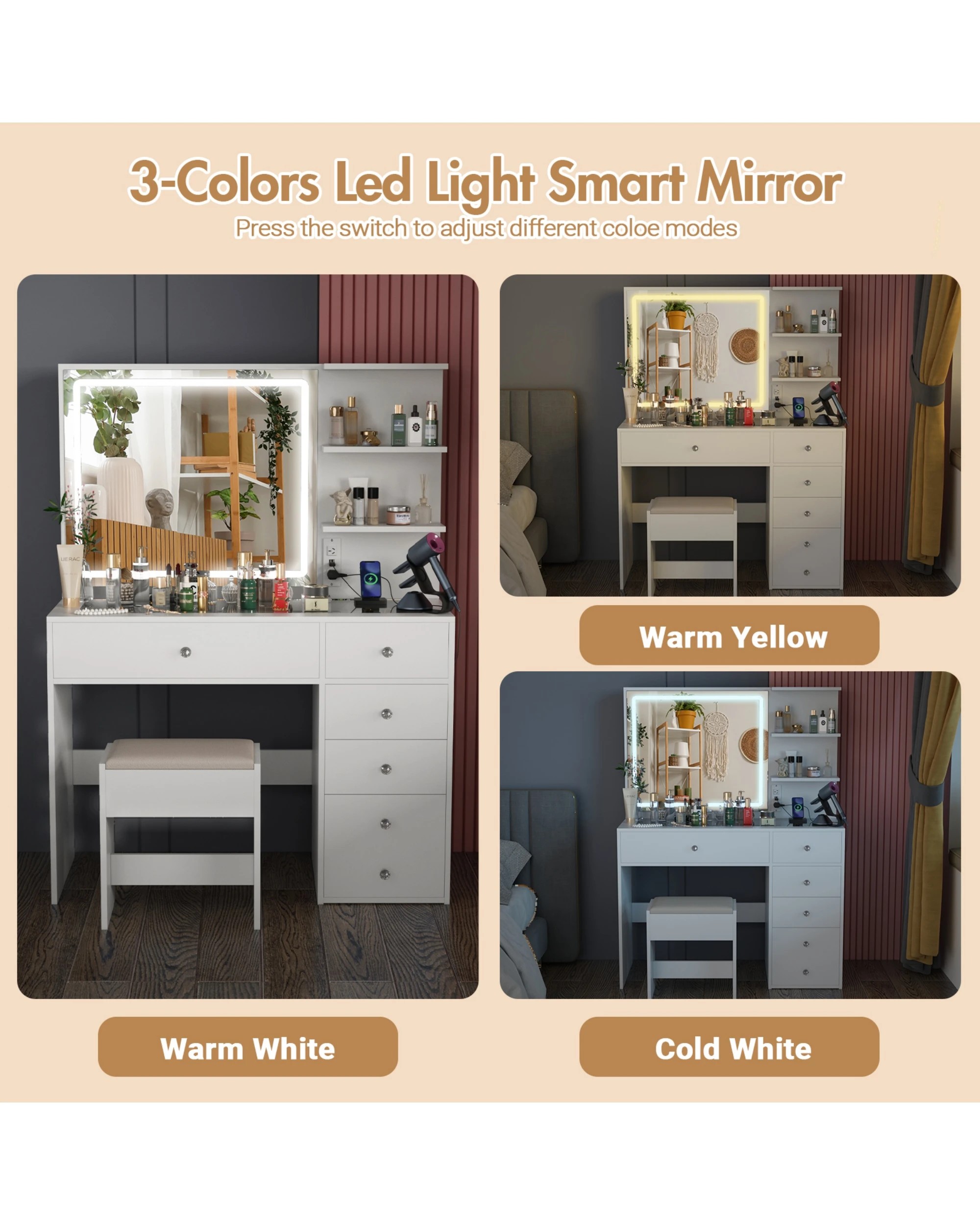 5 Advwin Dressing Table Stool Set Charging Station Lights Glass Tabletop Vanity Desk, 5 of 10