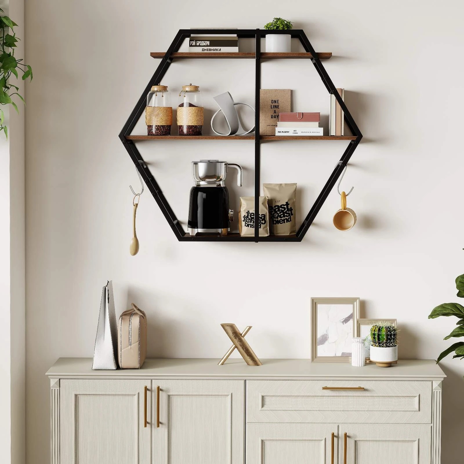 3 Costway Industrial Hexagon Shelves Wall Mounted Wooden Display Rack Hanging Shelves, 3 of 4