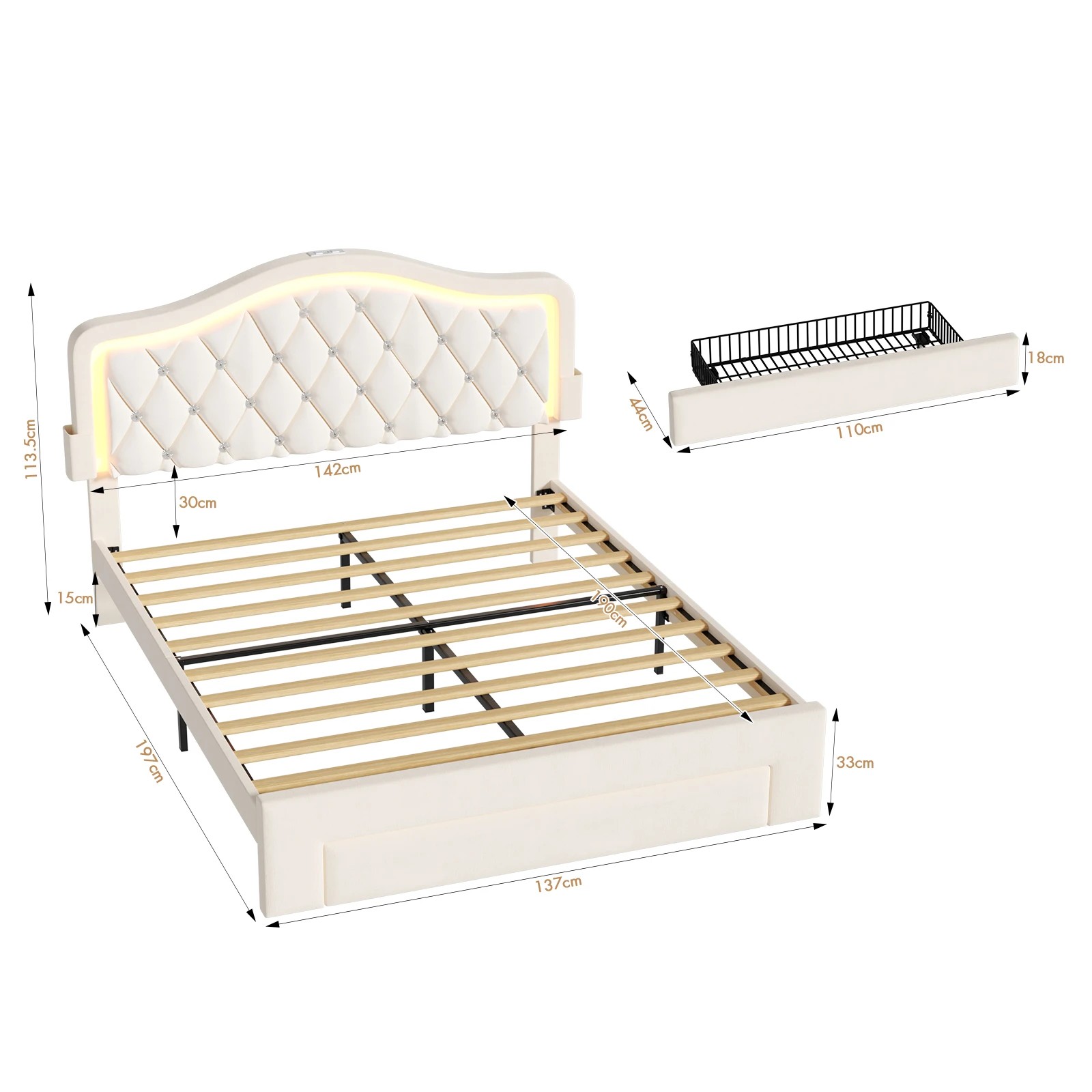 3 Advwin LED Velvet Bed Frame with Adjustable Headboard and Storage Drawer Double - Beige, 3 of 9