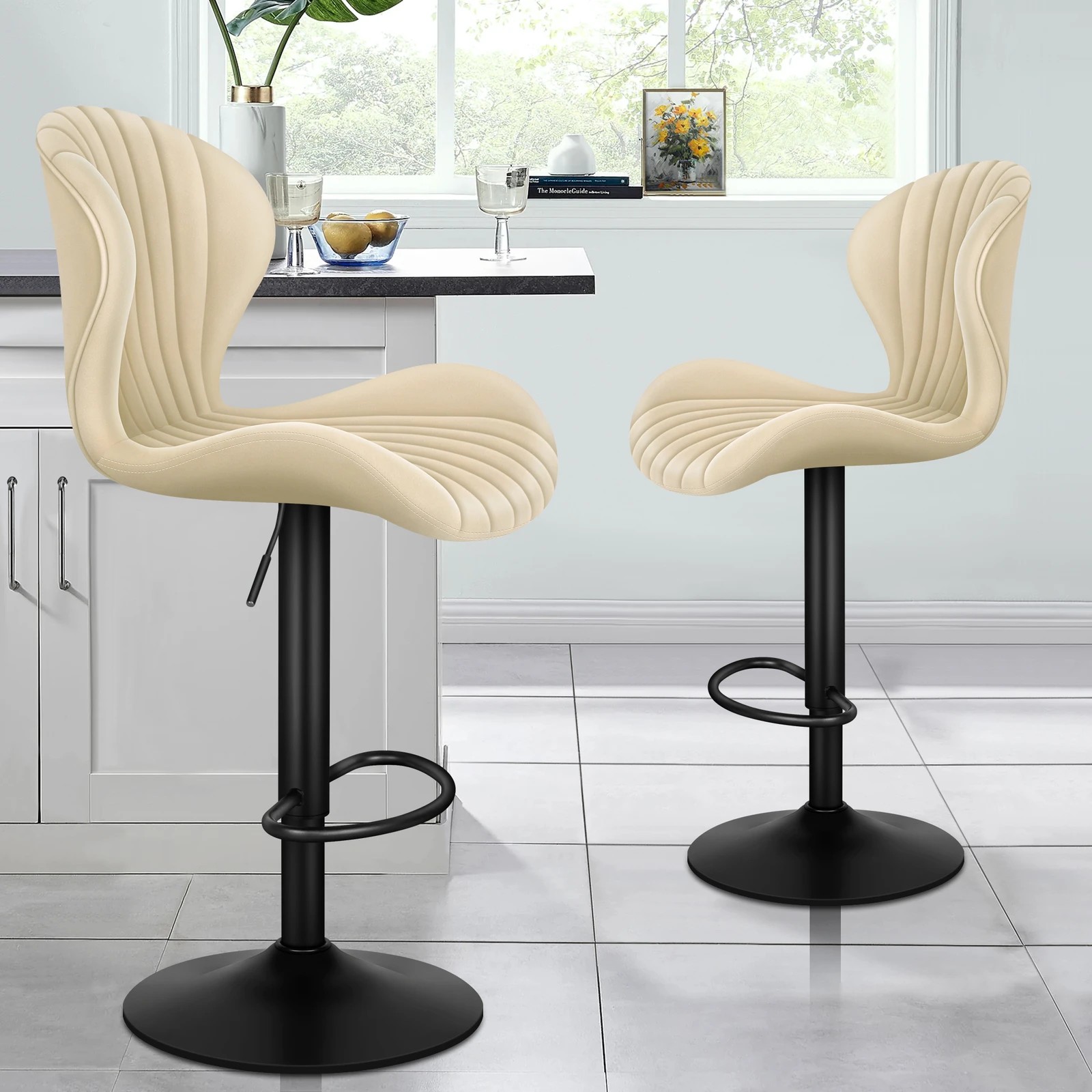 2 Alfordson 2x Bar Stools Gas Lift Air Leather Bar Chairs Kitchen Swivel - Beige, 2 of 10