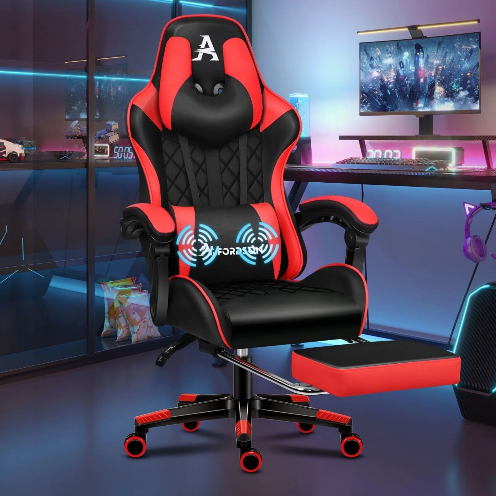 8 Alfordson Gaming Chair Office Racer Large Lumbar Cushion Footrest Seat Leather - Red, 8 of 10