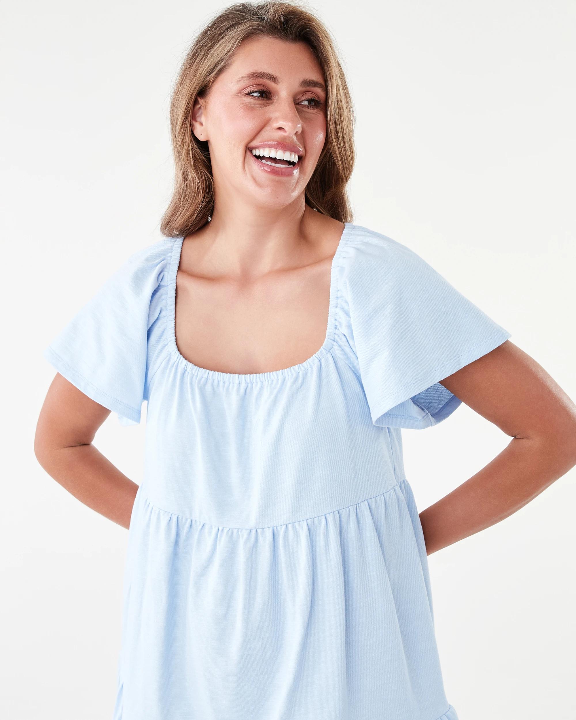 4 Short Sleeve Frill Tiered Jersey Mini Dress Powd Blue, 4 of 8