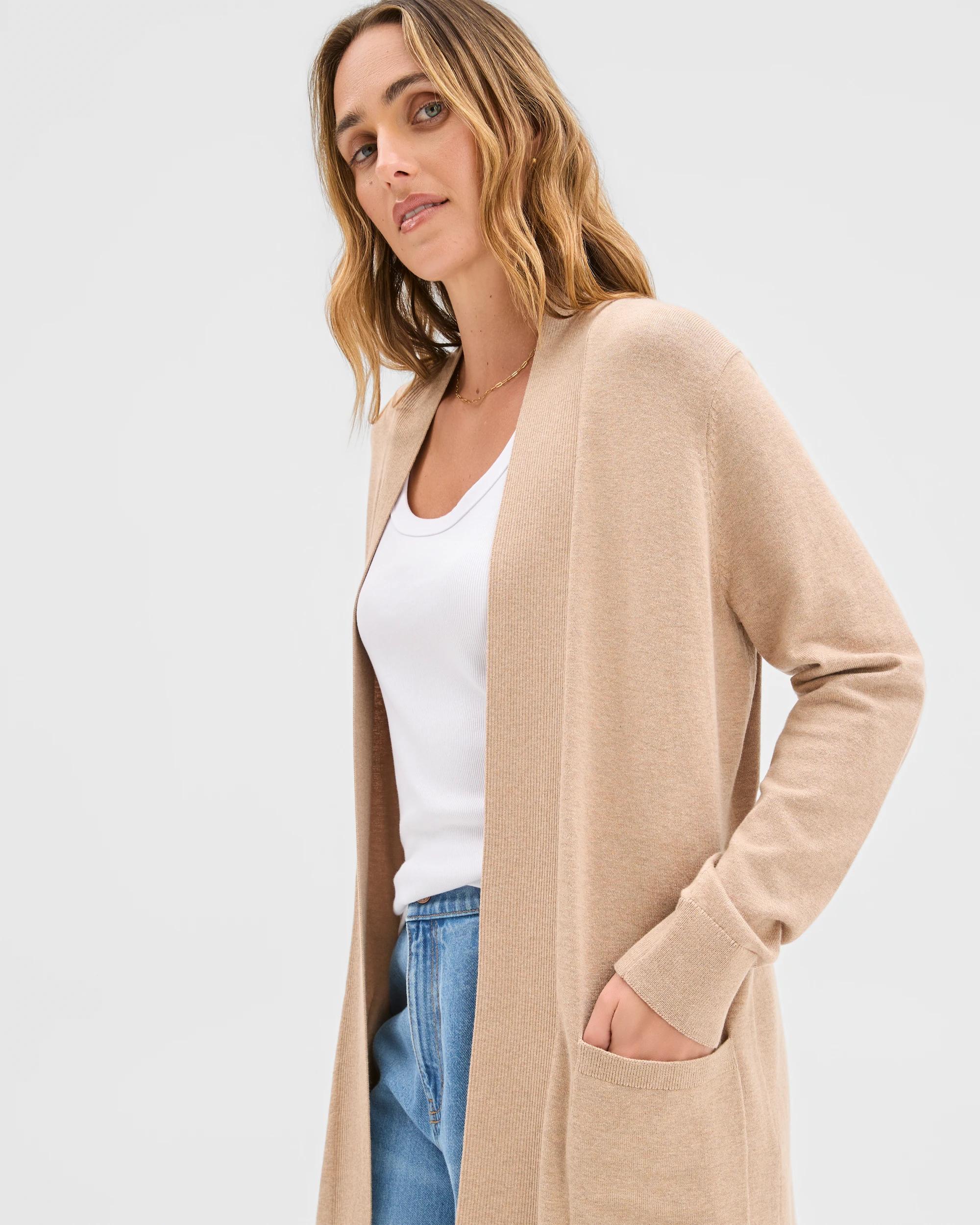 1 Target Woman Edge To Edge Rib Cardigan MOCHA MELANGE, 1 of 6