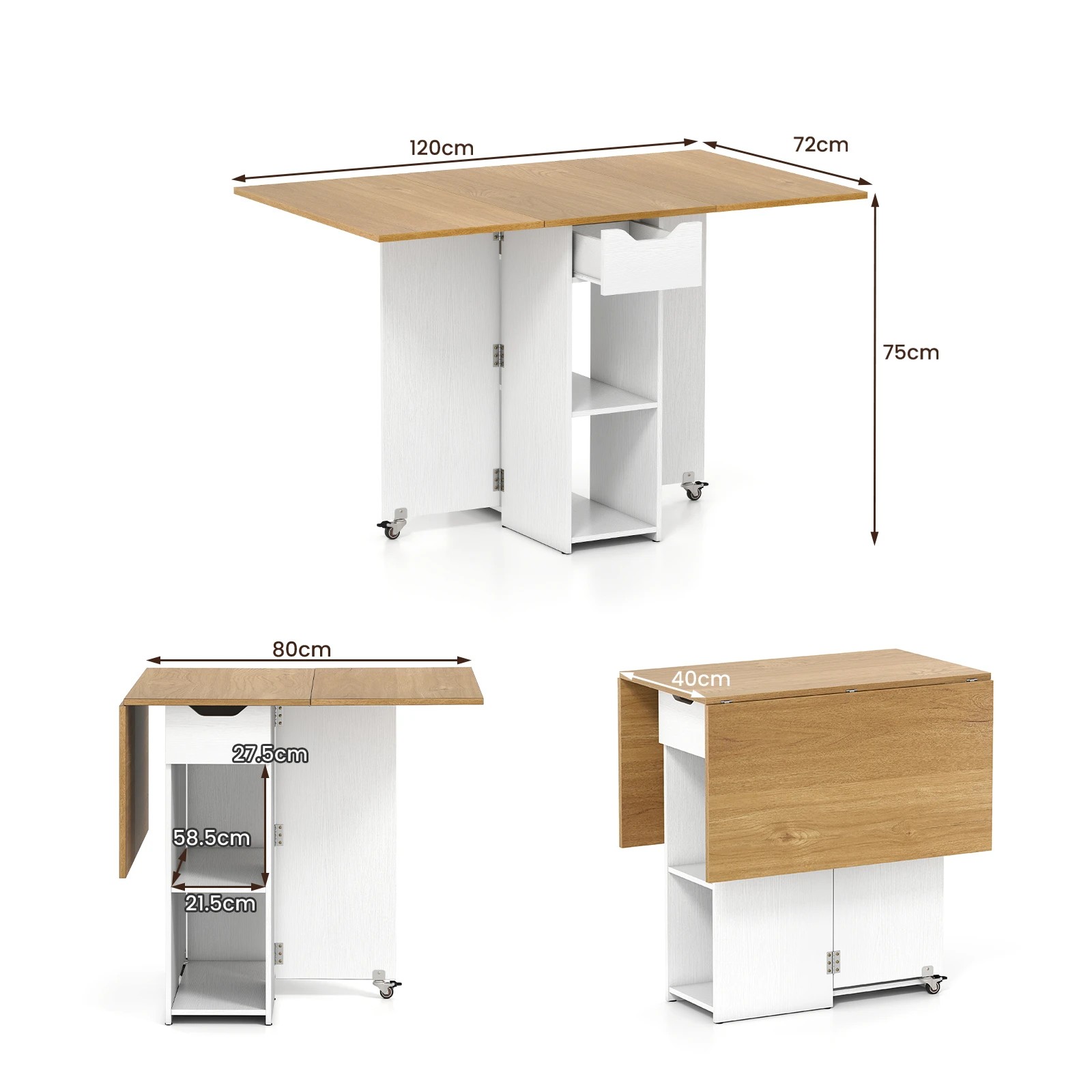 5 Costway Folding Dining Table Extendable Wooden Kitchen Console Table Drop Leaf w/Shelves & Drawer - White, 5 of 5