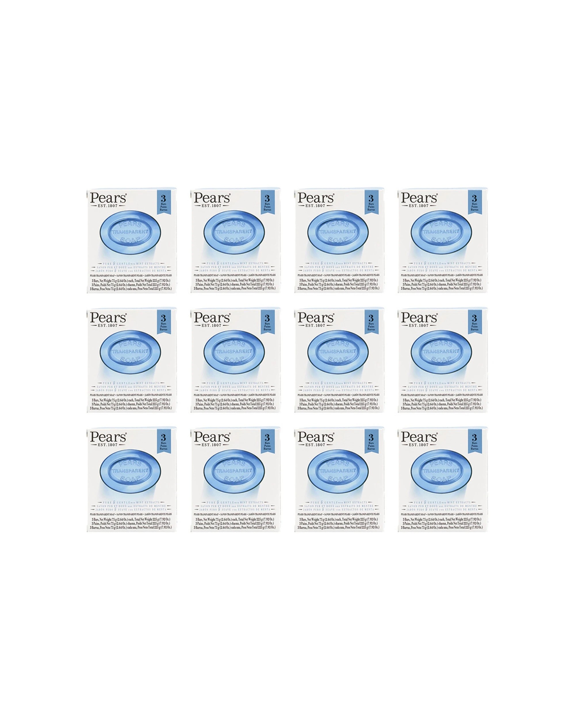 1 Pears 12 x 3pc Pure Gentle Bar Soap 75g With Extracts - Blue, 1 of 5