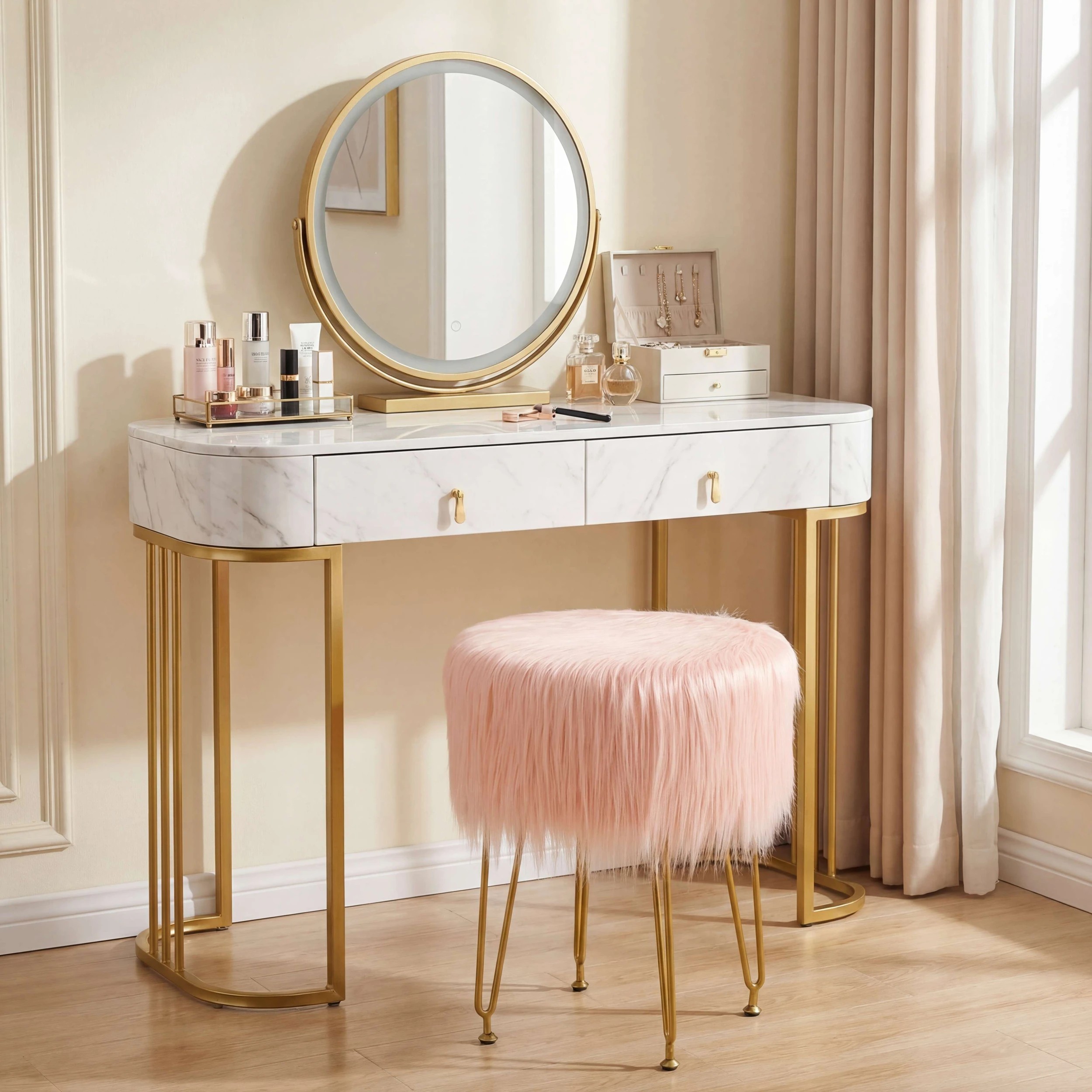 2 Costway Faux Fur Vanity Stool Round Footrest Ottoman Accent Dressing Table Chair Metal Legs - Pink, 2 of 3