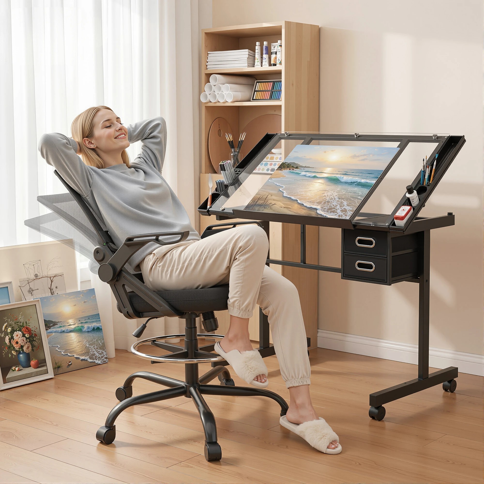 4 Artiss Drawing Table w/ Glass Top & Ergonomic Chair – Drafting Desk w/ Drawers for Art Studi - Black, 4 of 9