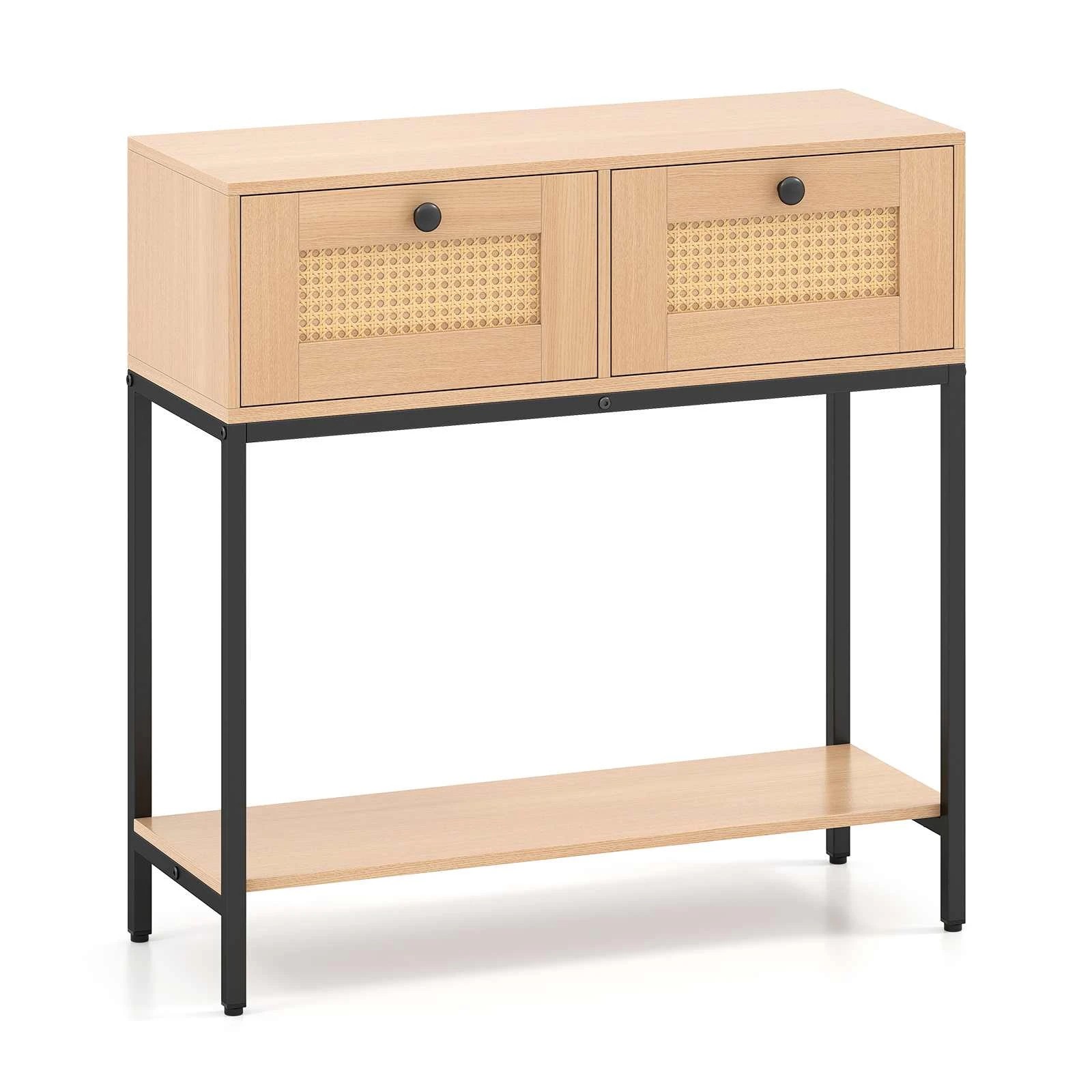 1 Costway 80cm 2-Tier Boho Console Table Wooden Hallway Sofa Table w/2-Drawer, 1 of 5