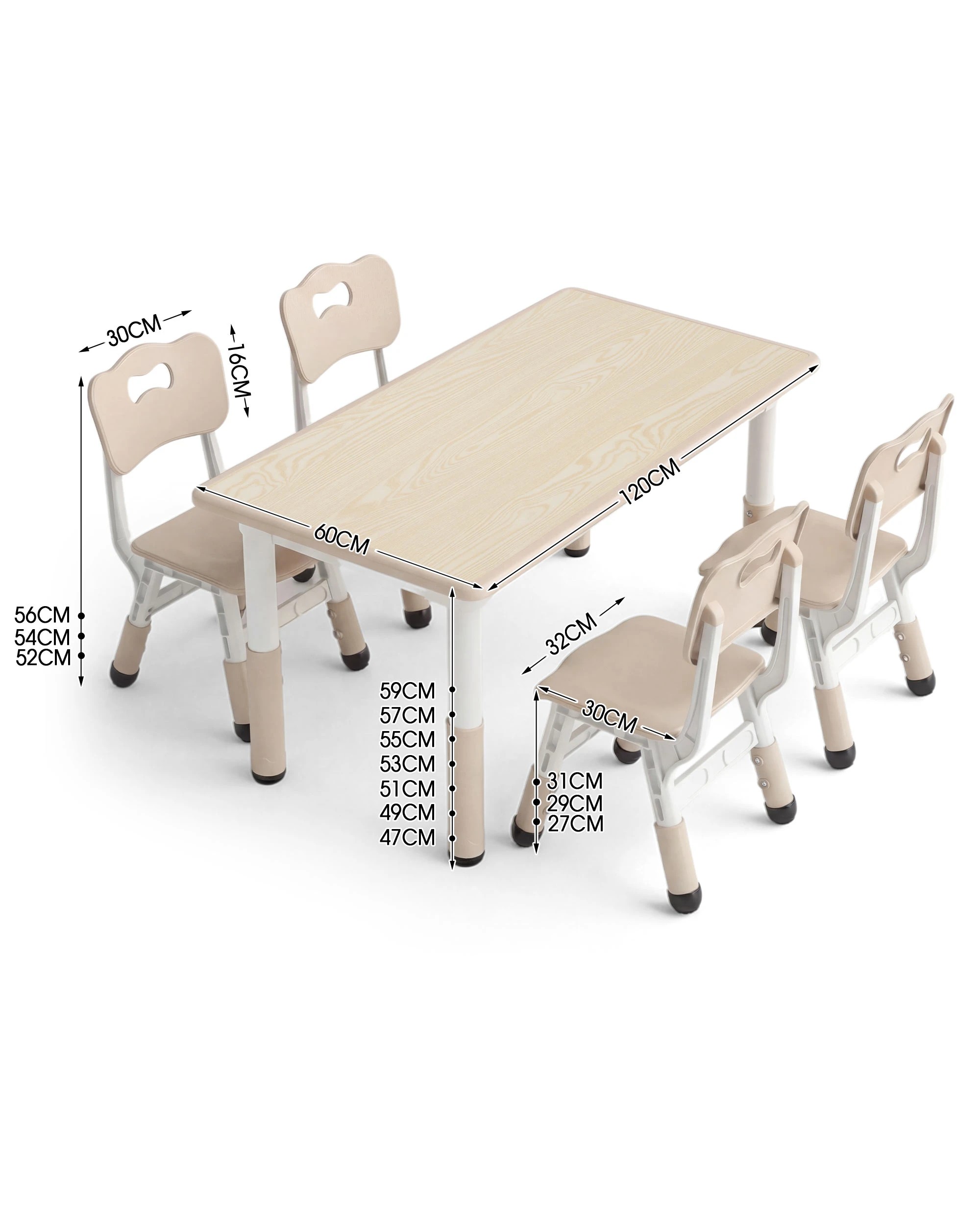 5 PlayPals Kids Table and 4 Chairs Set Height Adjustable Graffiti 120x60cm Beige, 5 of 6