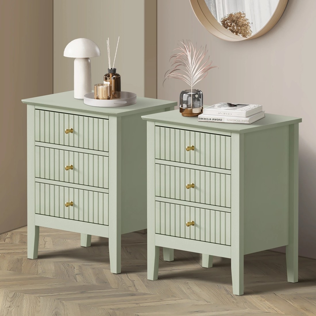 3 Oikiture Bedside Tables Set of 2 Side End Storage Furniture Nightstand - Green, 3 of 9