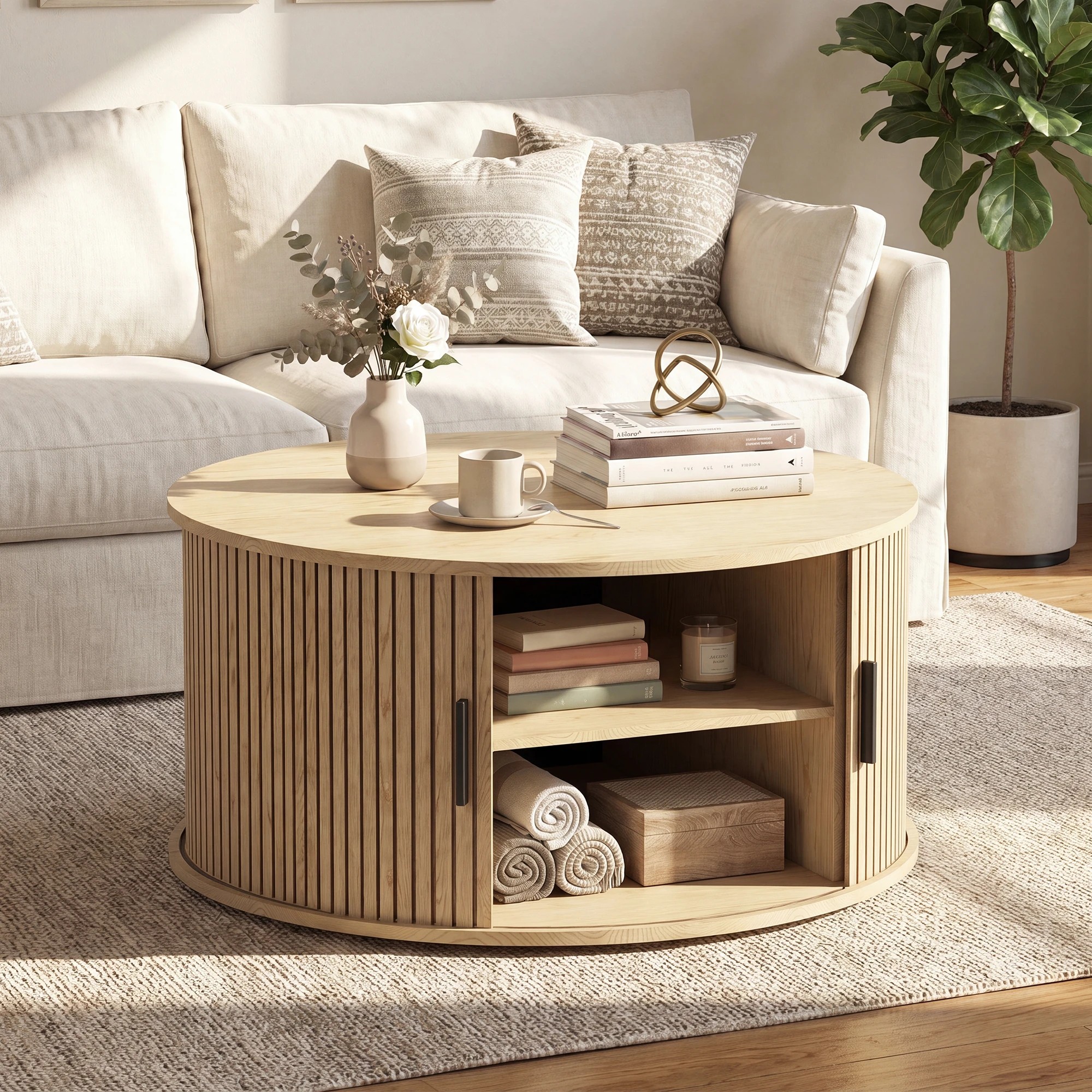 5 Advwin Round Coffee Table with Sliding Door 80cm Mid Century Fluted Tambour Door Design Center Table - Natural, 5 of 7