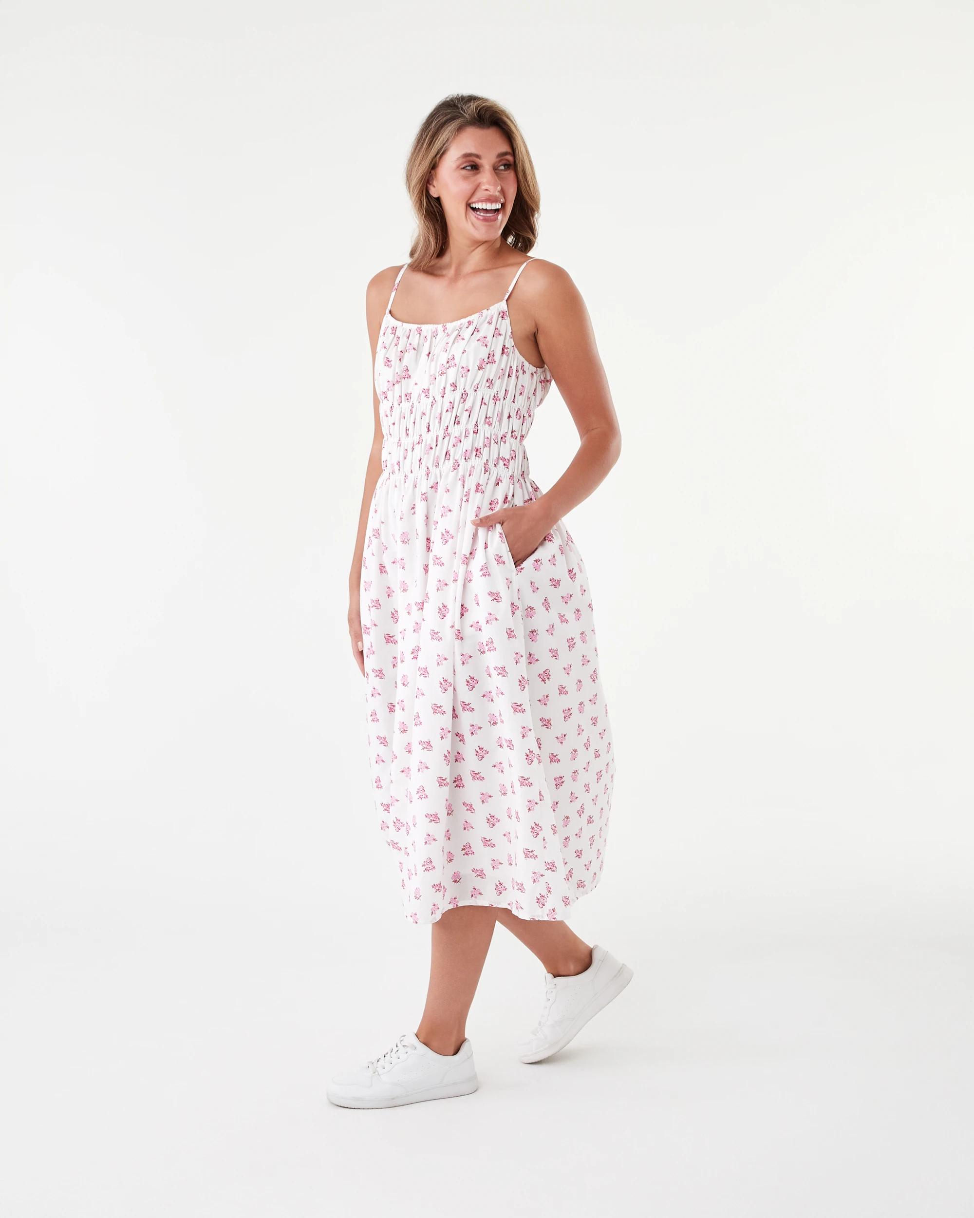 2 Sleeveless Strappy Shirred Midi Dress Rose Cld, 2 of 7