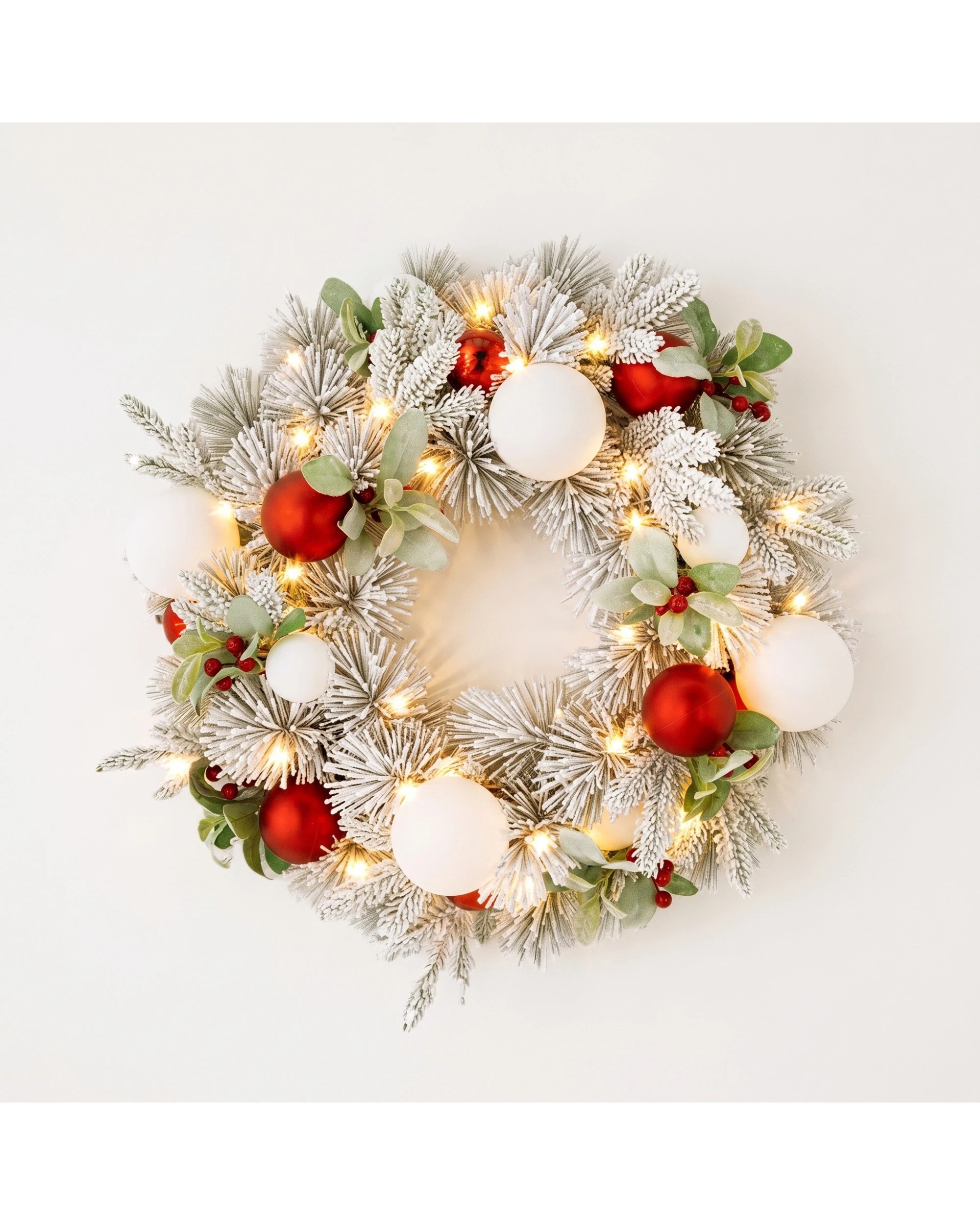 10 Christabelle 61cm Snowy Elegance Pre-Lit Christmas Wreath - Warm White LEDs, Red & White Baubles - White, 10 of 10