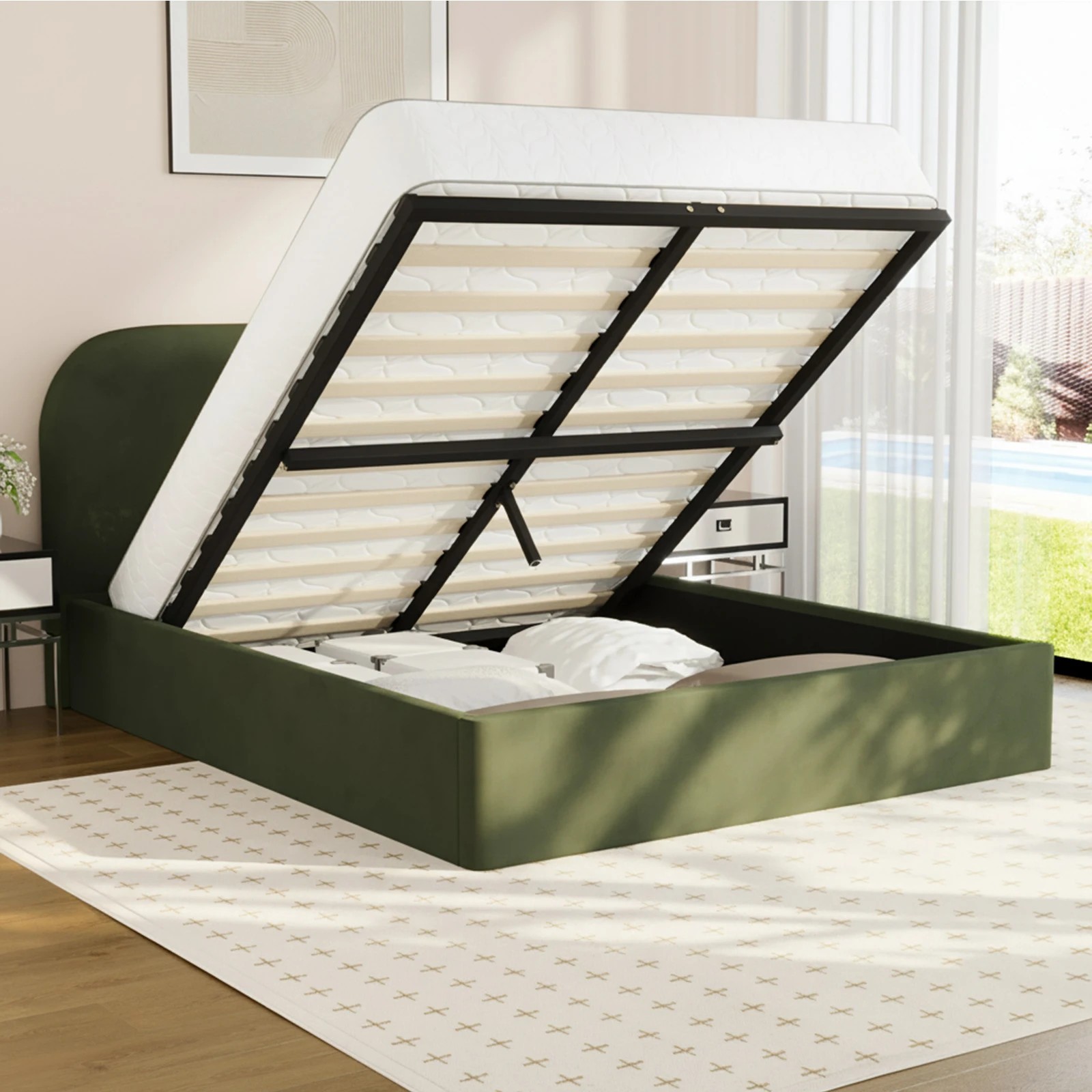 4 Oikiture Queen Bed Frame with Gas Lift Storage Mattress Base Velvet - Green, 4 of 8