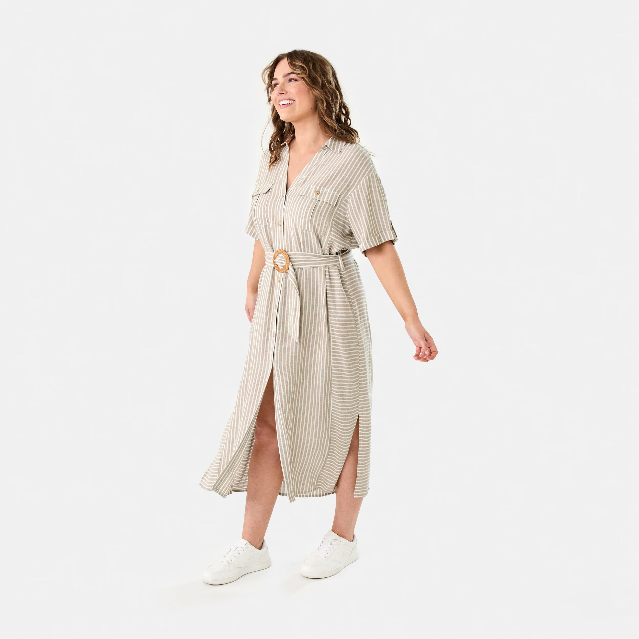 3 Short Sleeve Utility Shirt Midi Dress RESORT STRIPE DUNE BEIGE, 3 of 9