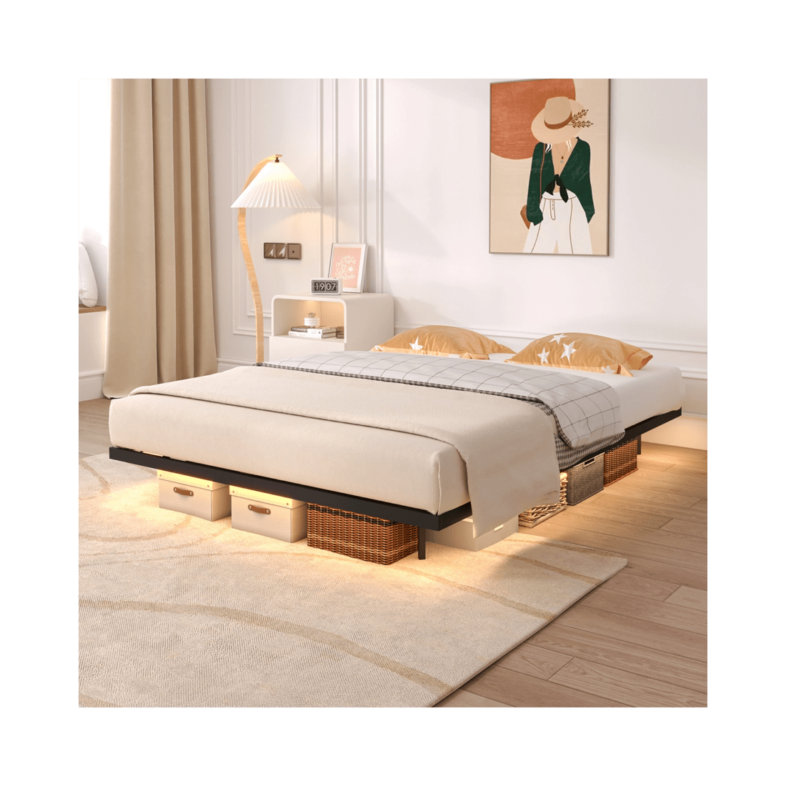 7 Advwin Double Floating Bed Frame With LED Lights Metal Platform Black, 7 of 10