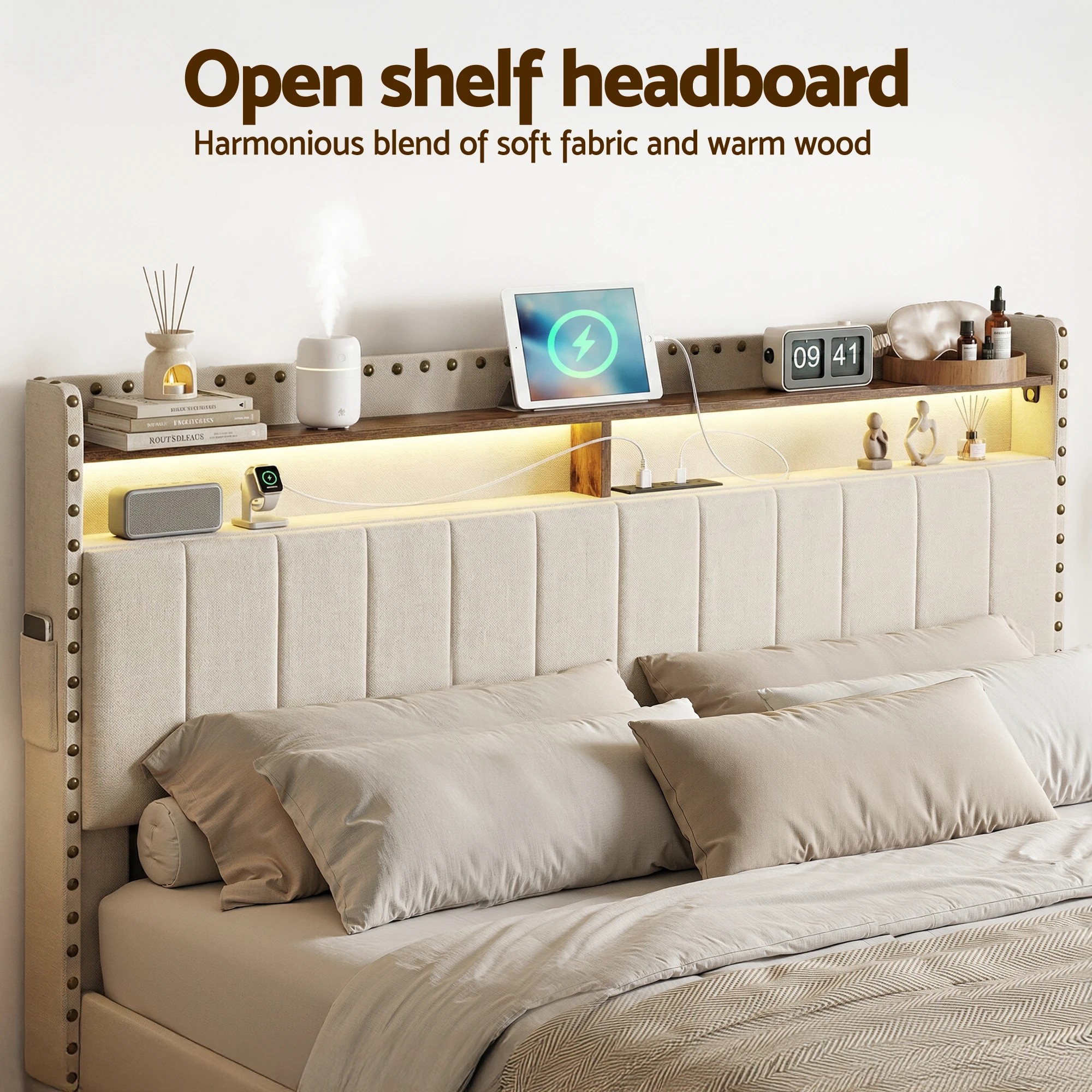 2 Artiss Queen Bed Frame with Shelf Storage Drawers Charging Station Mood Lighting - Beige, 2 of 6