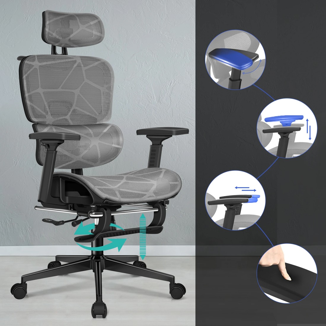 6 Alfordson Ergonomic Office Chair Mesh Executive Gaming Work Seat - Black Grey, 6 of 10