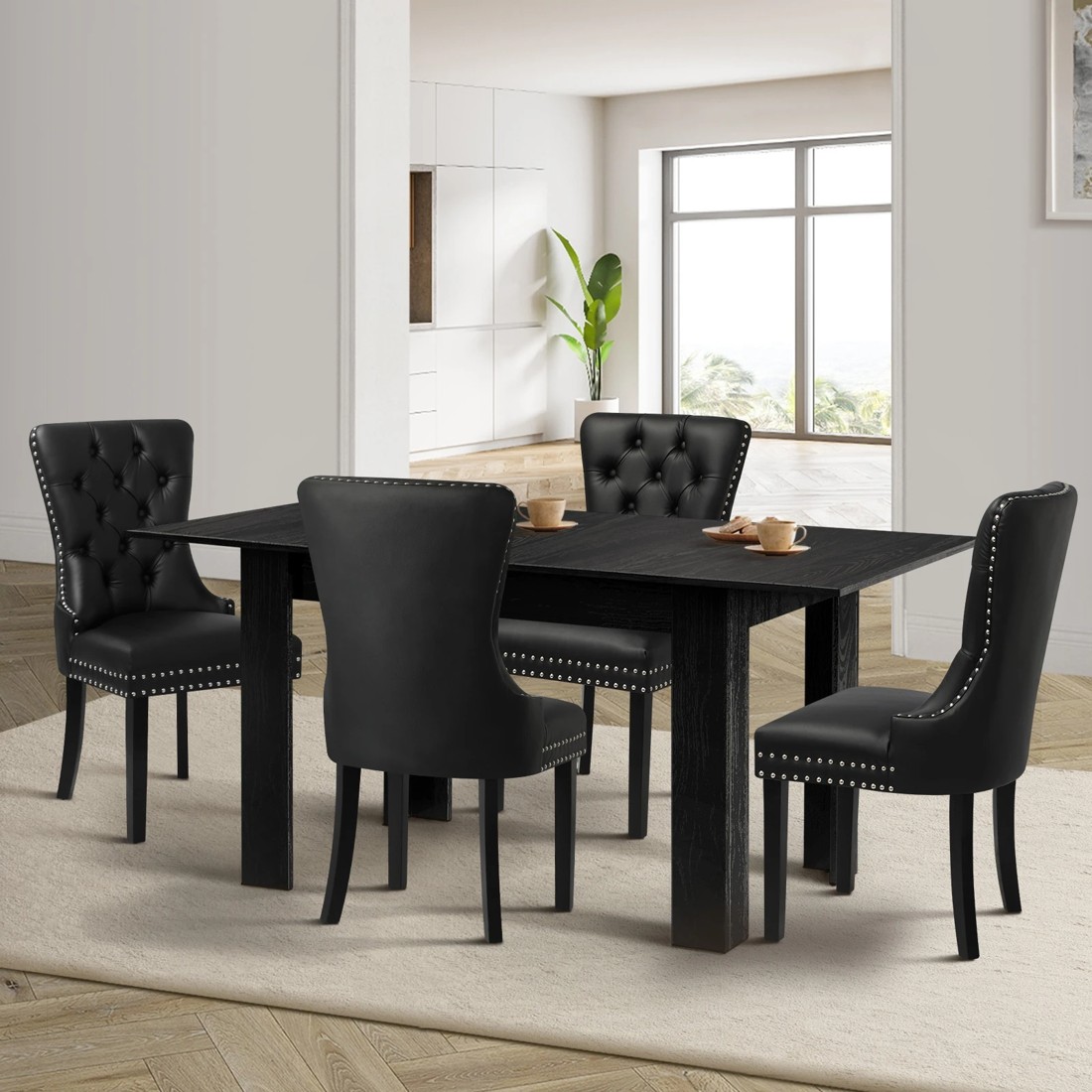 2 Oikiture 160cm Extendable Dining Table With 4pcs Pu Leather Dining Chairs
 - Black, 2 of 10