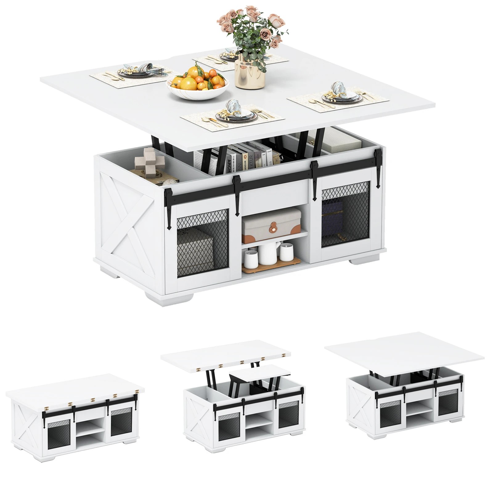 6 Costway Lift Top Coffee Table 3-in-1 Dining Table Farmhouse Center Table - White, 6 of 7