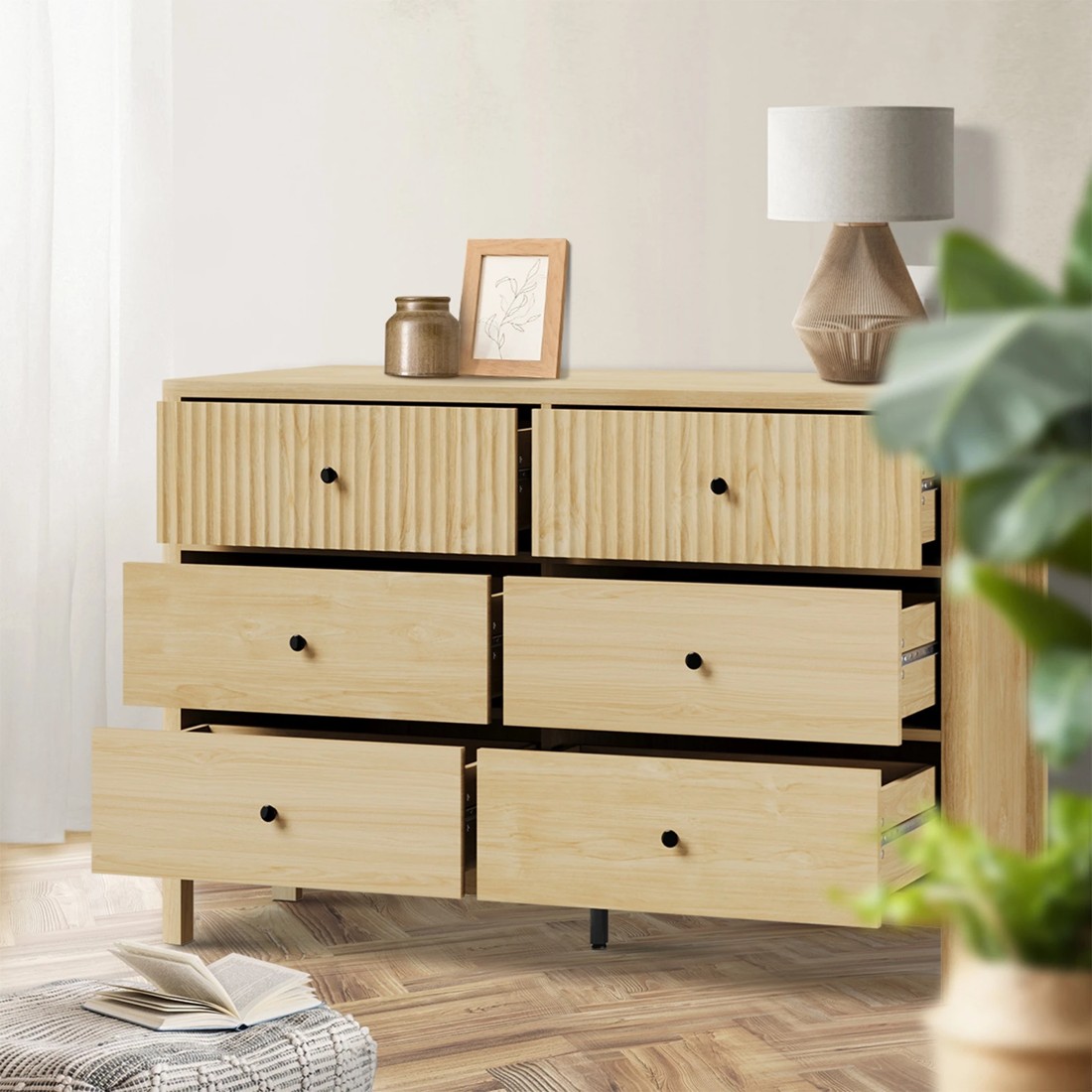3 Oikiture 6 Chest Of Drawers Dresser Lowboy Storage Cabinet
 - Natural, 3 of 10