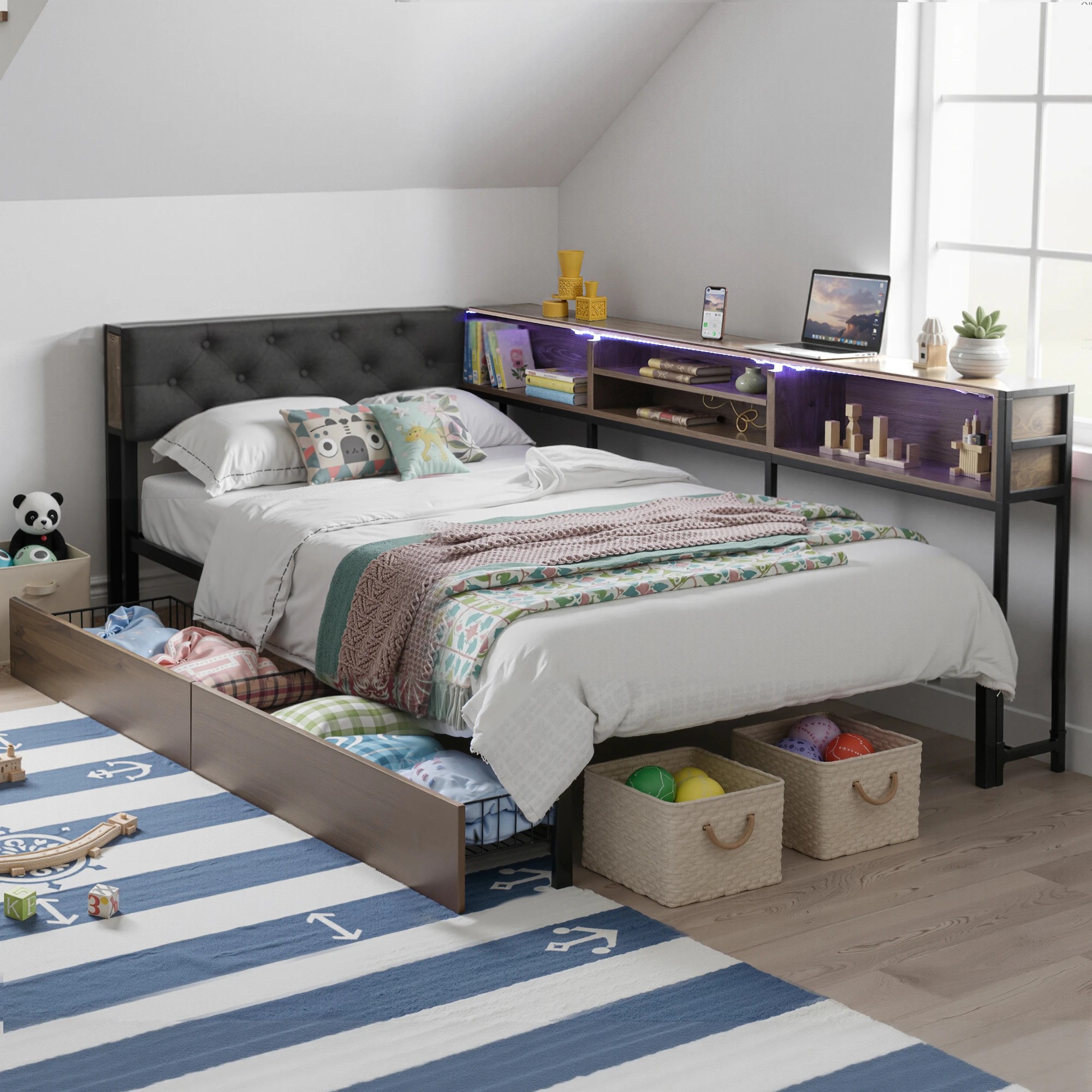 6 Artiss Bed Frame Single Size with 2 Drawers and Charging Station Metal Corner - Multi, 6 of 9