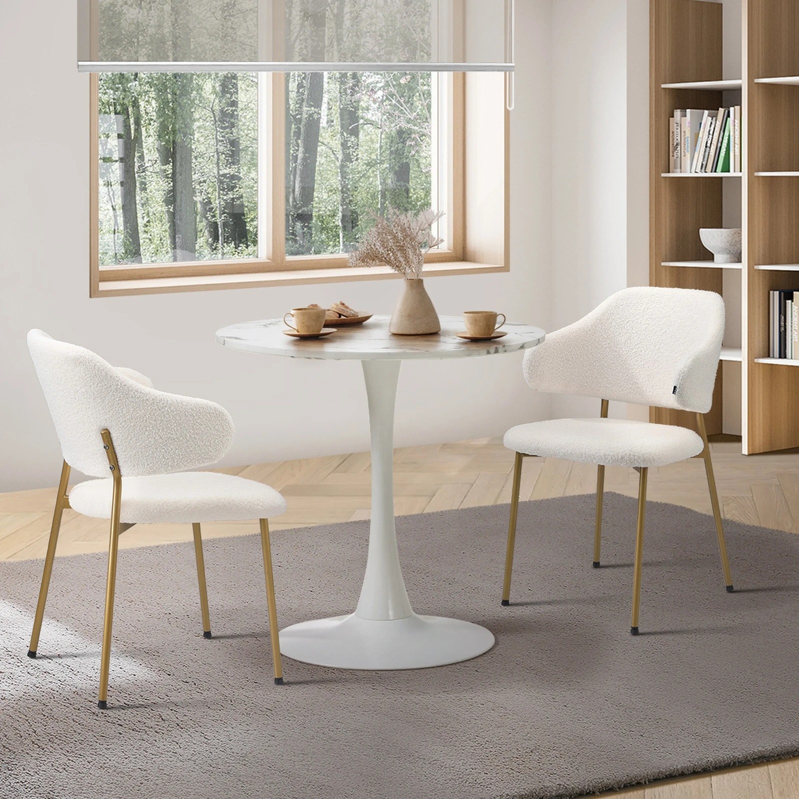 3 Oikiture 60cm Round Dining Table With 2x Sherpa Dining Chairs Gold Metal Leg
 - White, 3 of 10