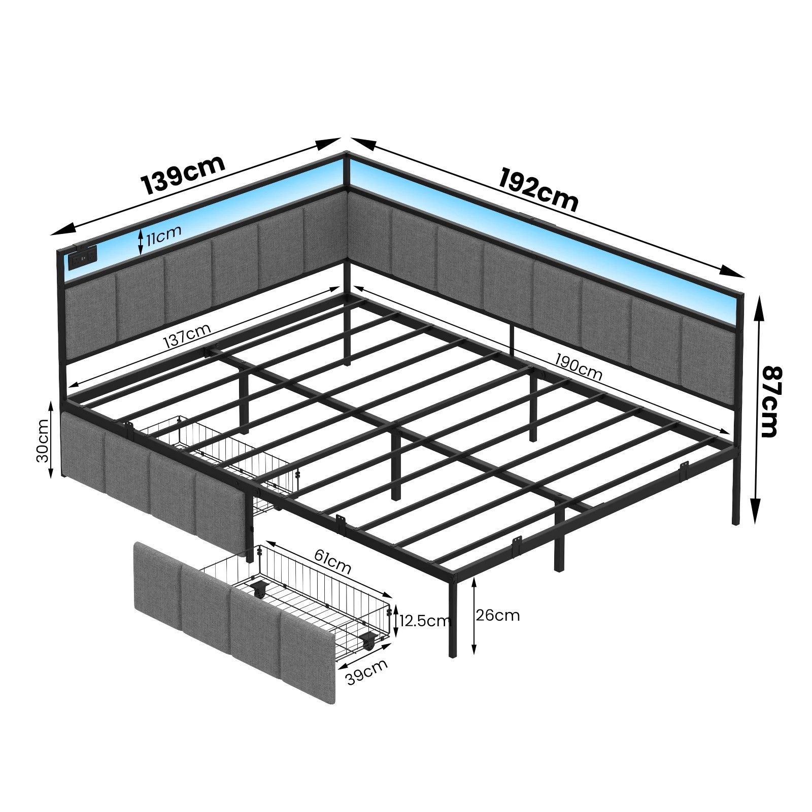 3 Advwin Double Corner Bed Frame with Charging Station and LED Light - Grey, 3 of 10