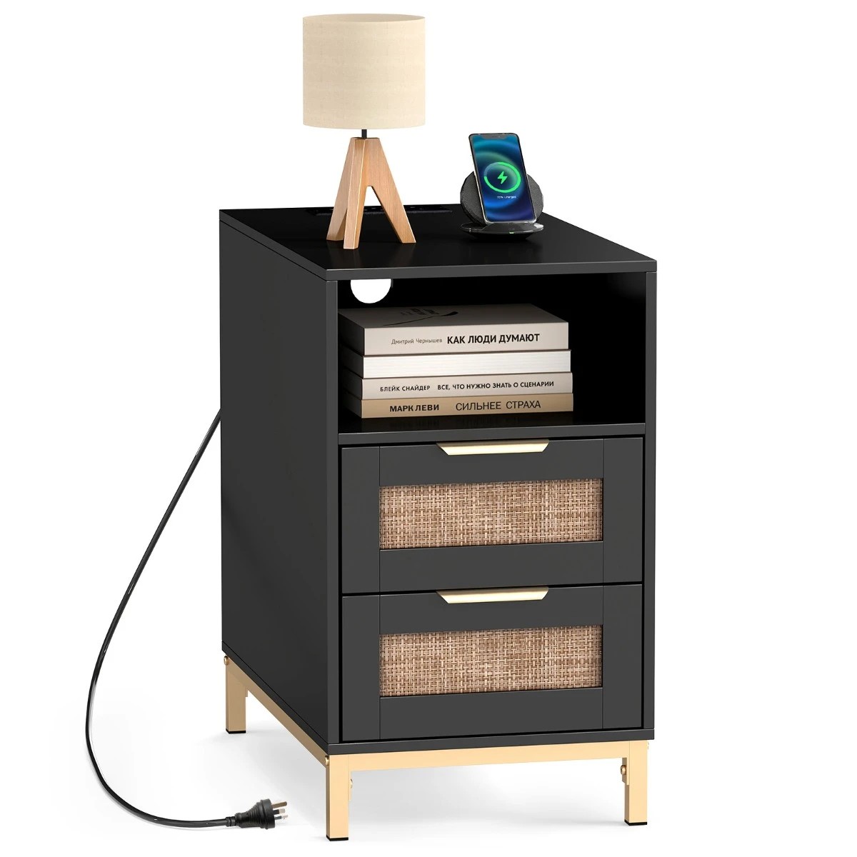 4 Costway Narrow Bedside Table Boho Nightstand w/Charging Station, 4 of 4
