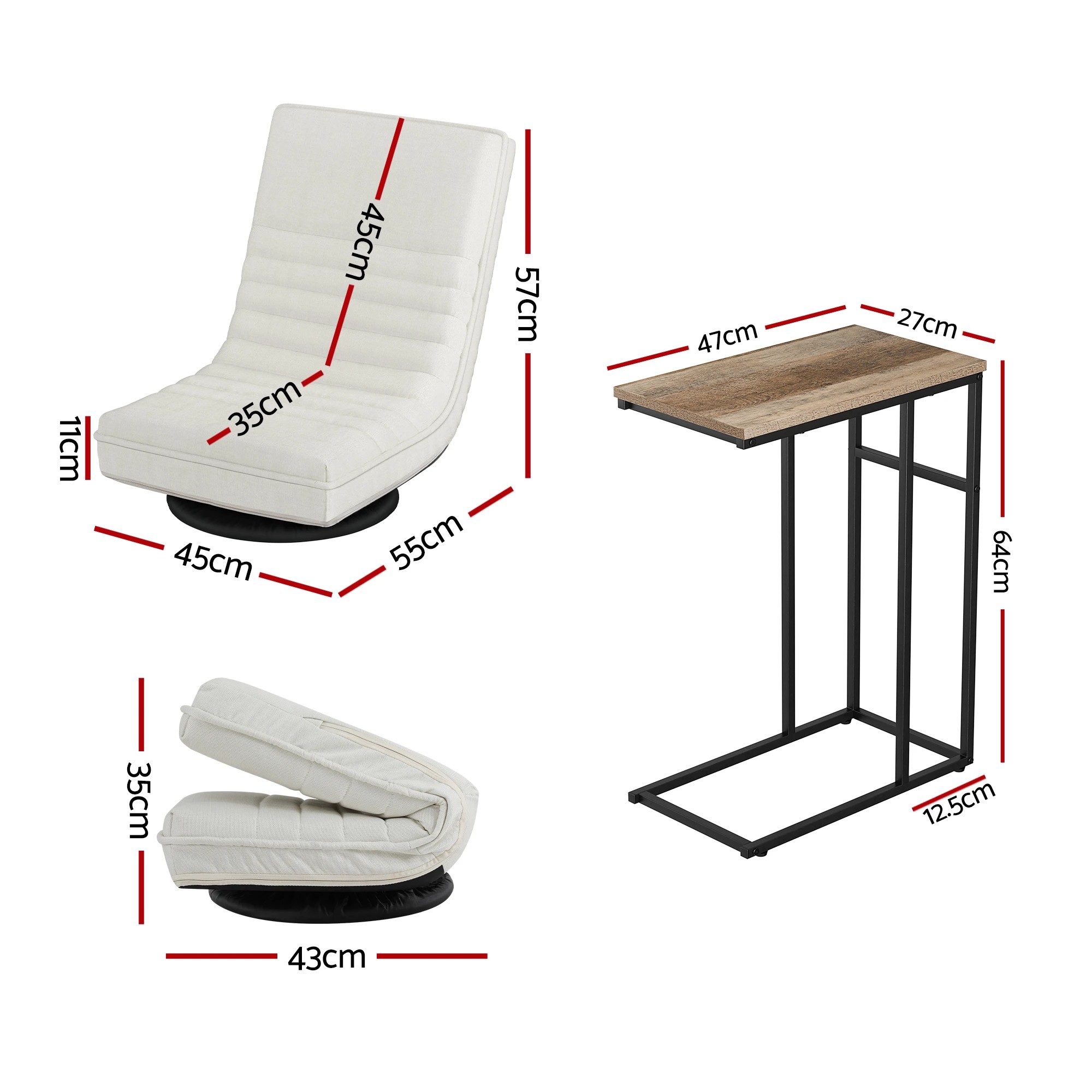 2 Artiss Floor Lounge & Coffee Table Set, Swviel Foldable Linen Sofa Chair, C-Shaped Side Table - Multi, 2 of 7
