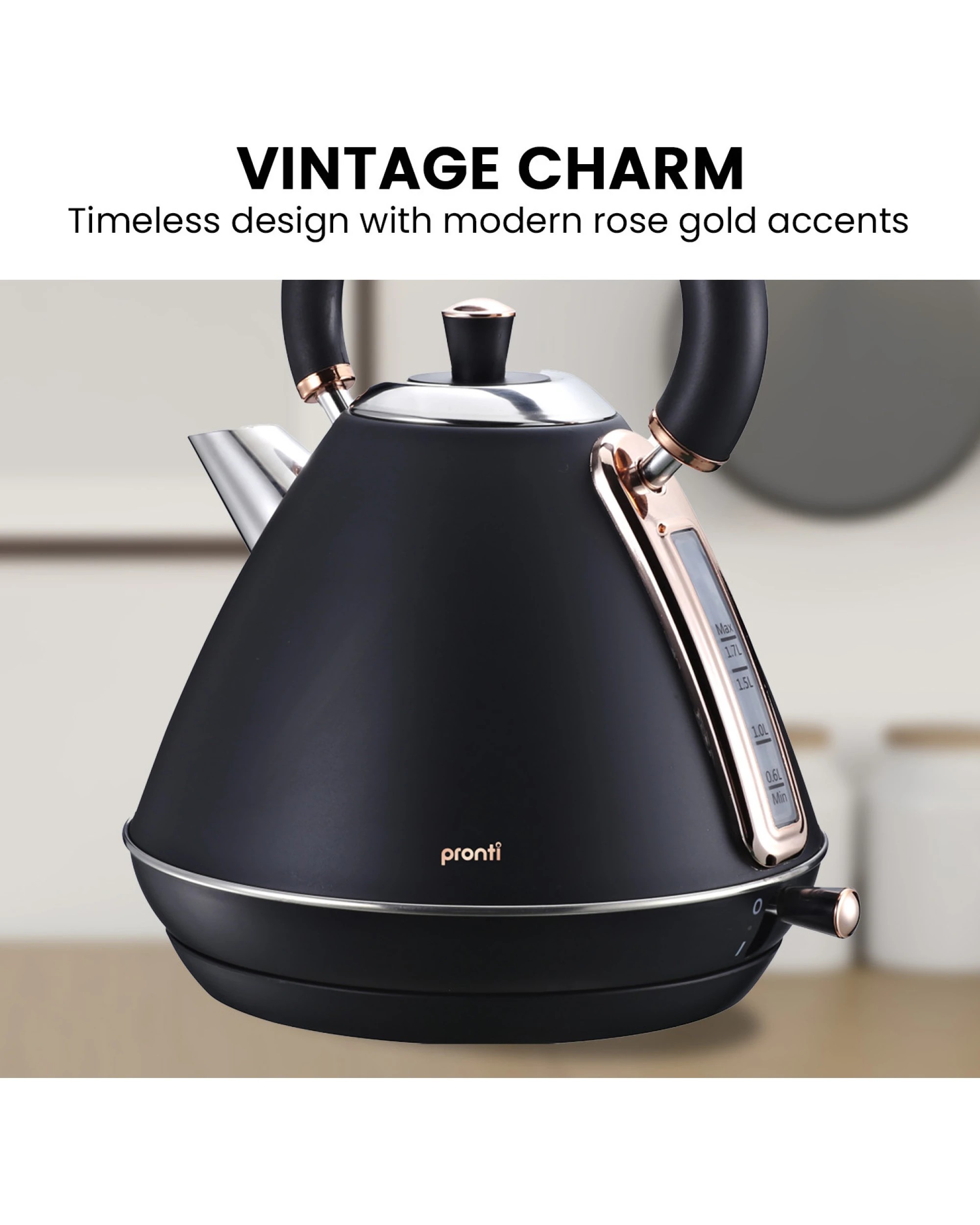 5 Pronti 1.7l Rose Trim Collection Kettle - Black, 5 of 10