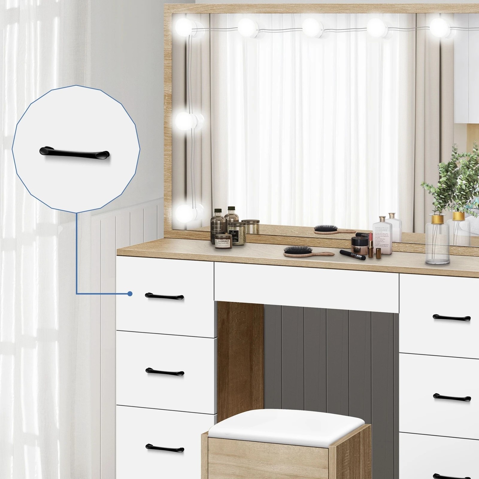 3 Alfordson Dressing Table Stool Set Makeup Mirror Vanity Desk LED Oak, 3 of 10