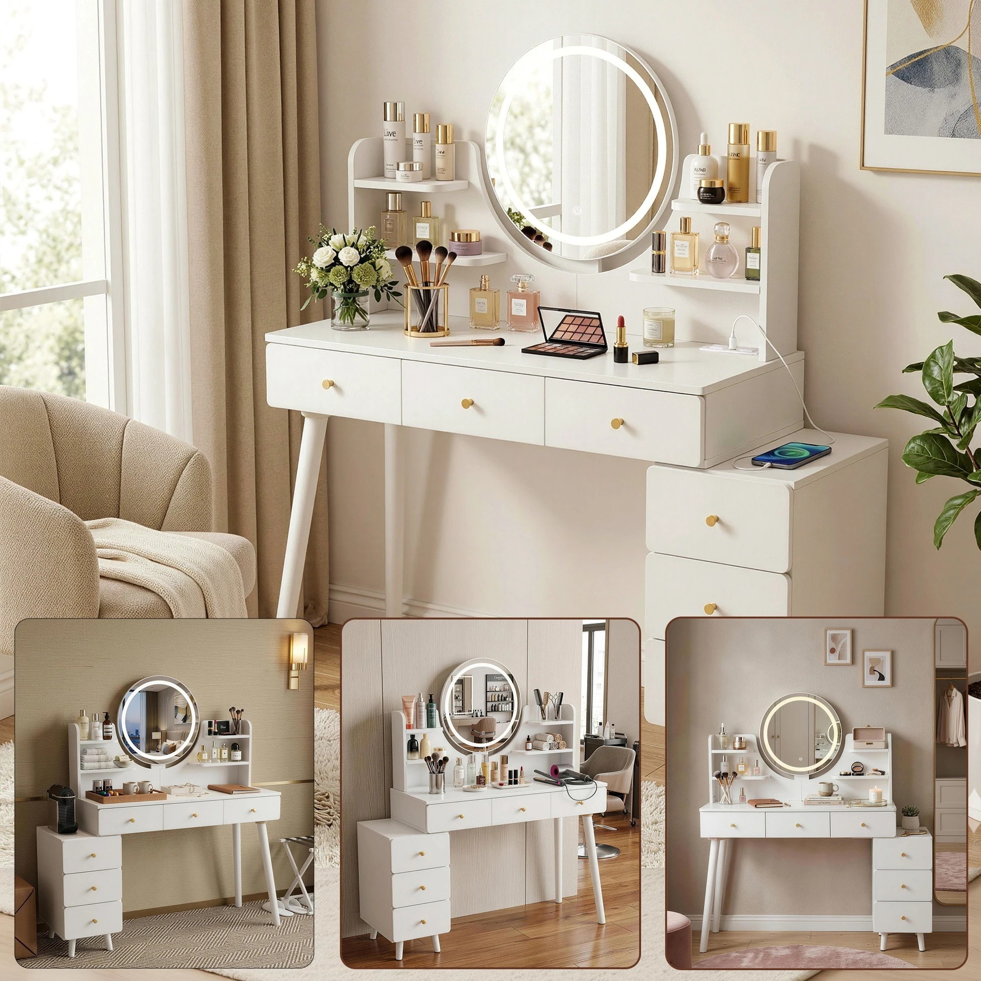 9 Artiss Dressing Table Charging Station Extendable LED Vanity Desk Mirror Storage Drawer - White, 9 of 10