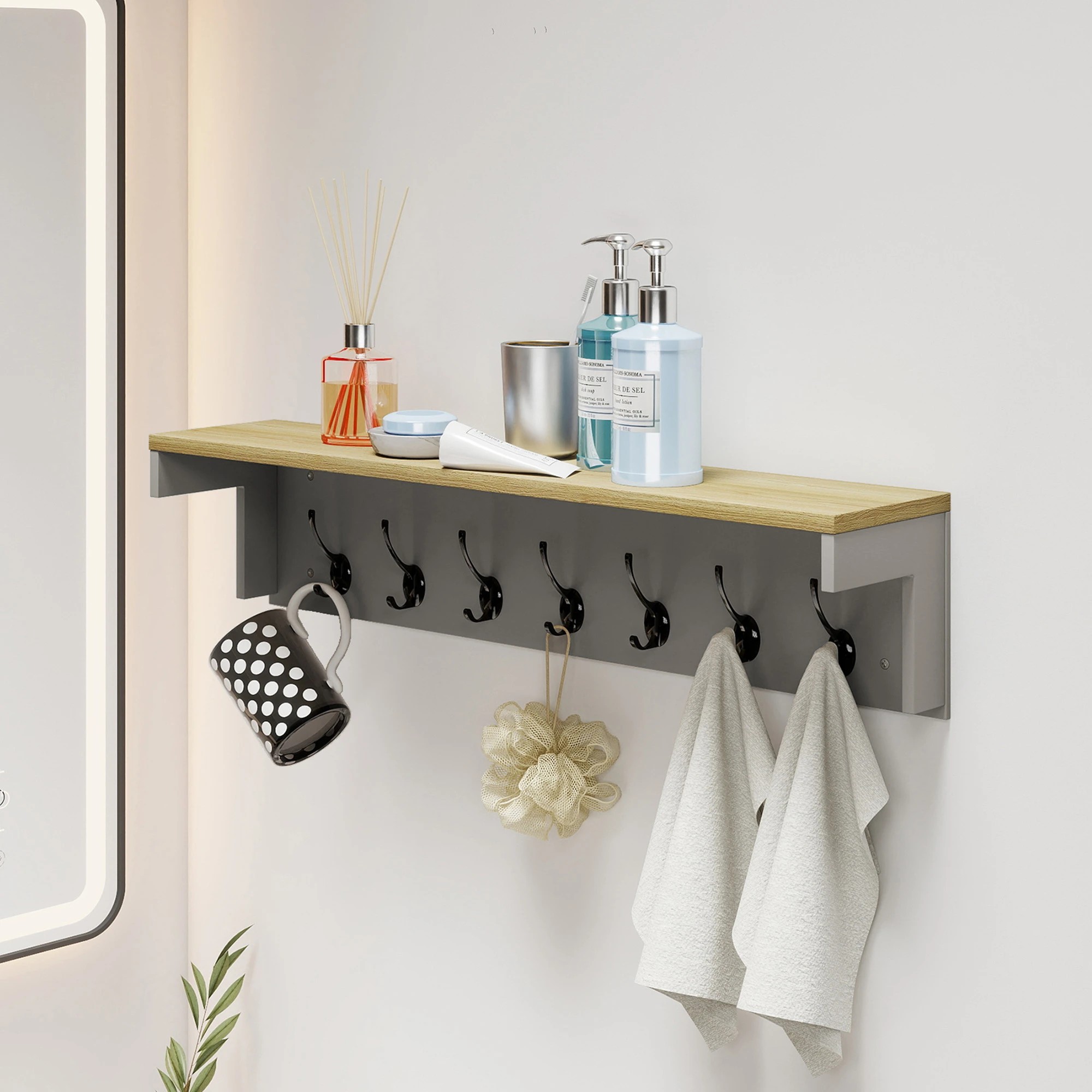 8 Levede Coat Rack Wall Mounted Shelf 7 Double Hooks - Grey, 8 of 9