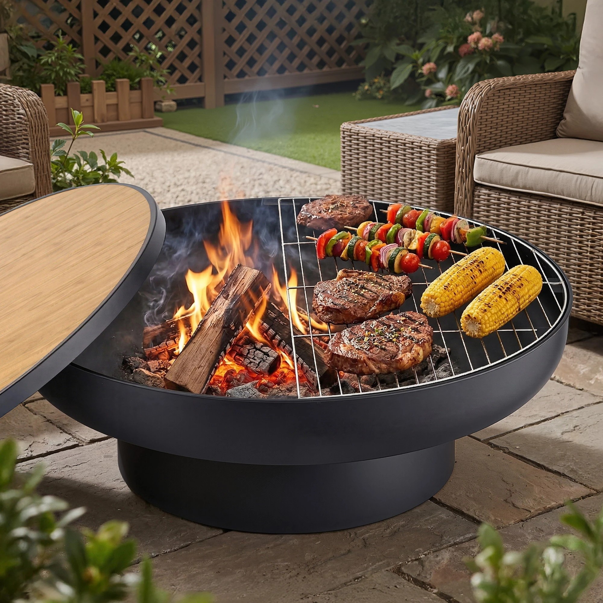3 Grillz Fire Pit Table with Lid Deep Fire Bowl  Burning BBQ Grill for Backyard Camping Patio Picnic - Black, 3 of 5