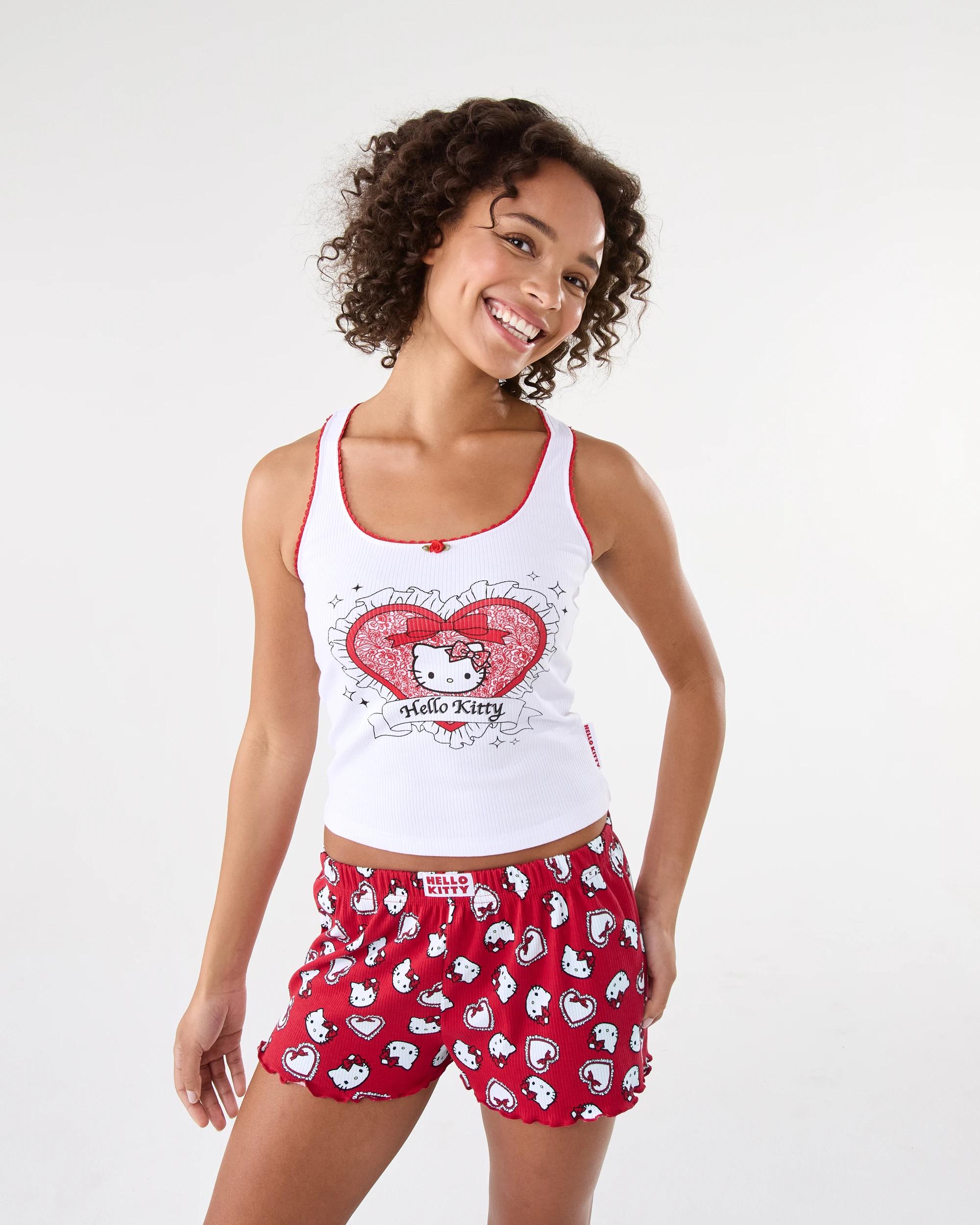 1 Hello Kitty License Sleeveless Rib Lace Trim Tank and Shorts Pyjama Set Hk Heart, 1 of 10