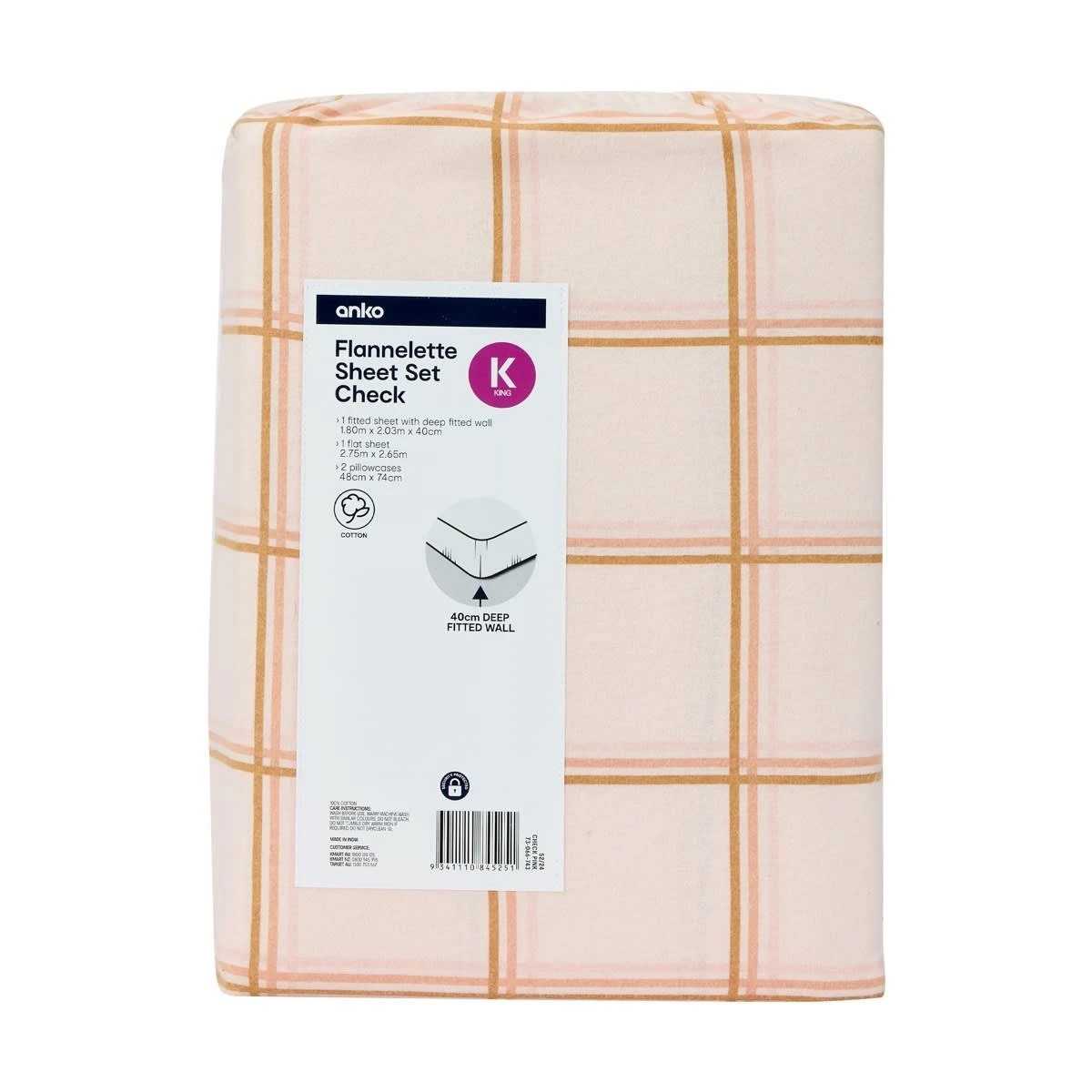 7 Flannelette Cotton Check Sheet Set - King Bed, Pink, 7 of 7
