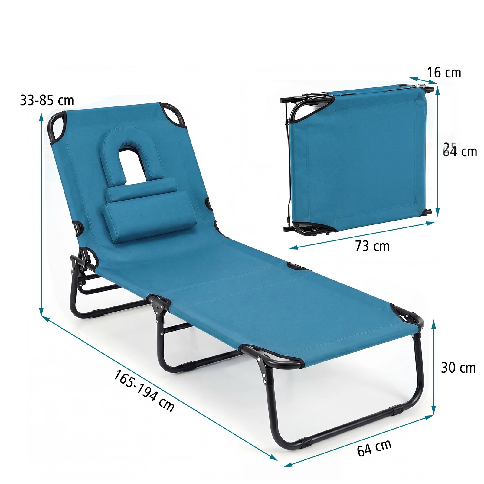 2 Costway Folding Beach Sun Lounger w/Removable Pillows Face Down Tanning Chair - Blue, 2 of 5