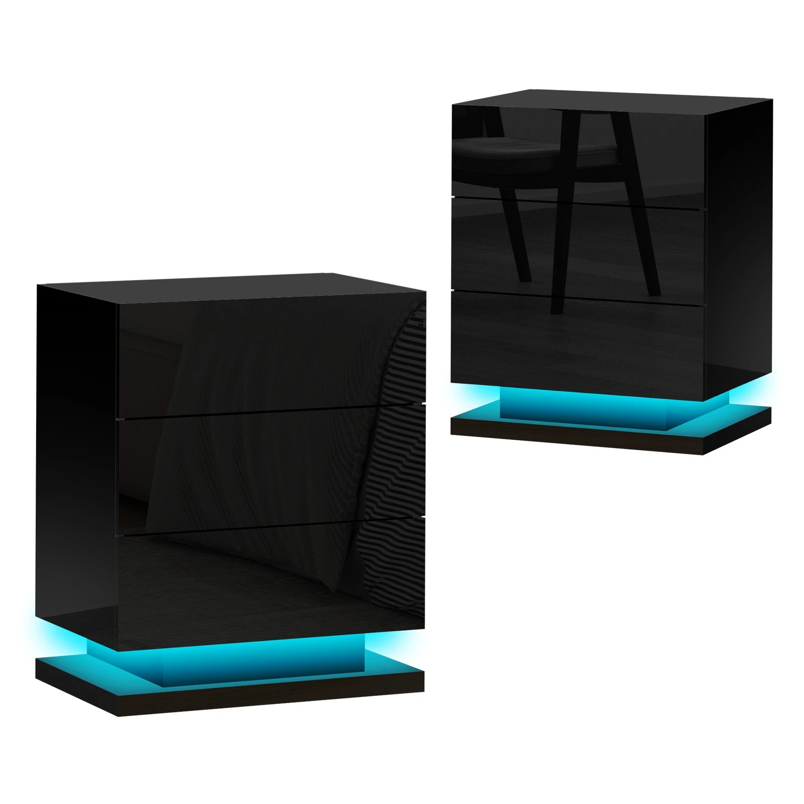1 Alfordson 2x Bedside Table LED Nightstand 3 Drawers High Gloss - Black, 1 of 10