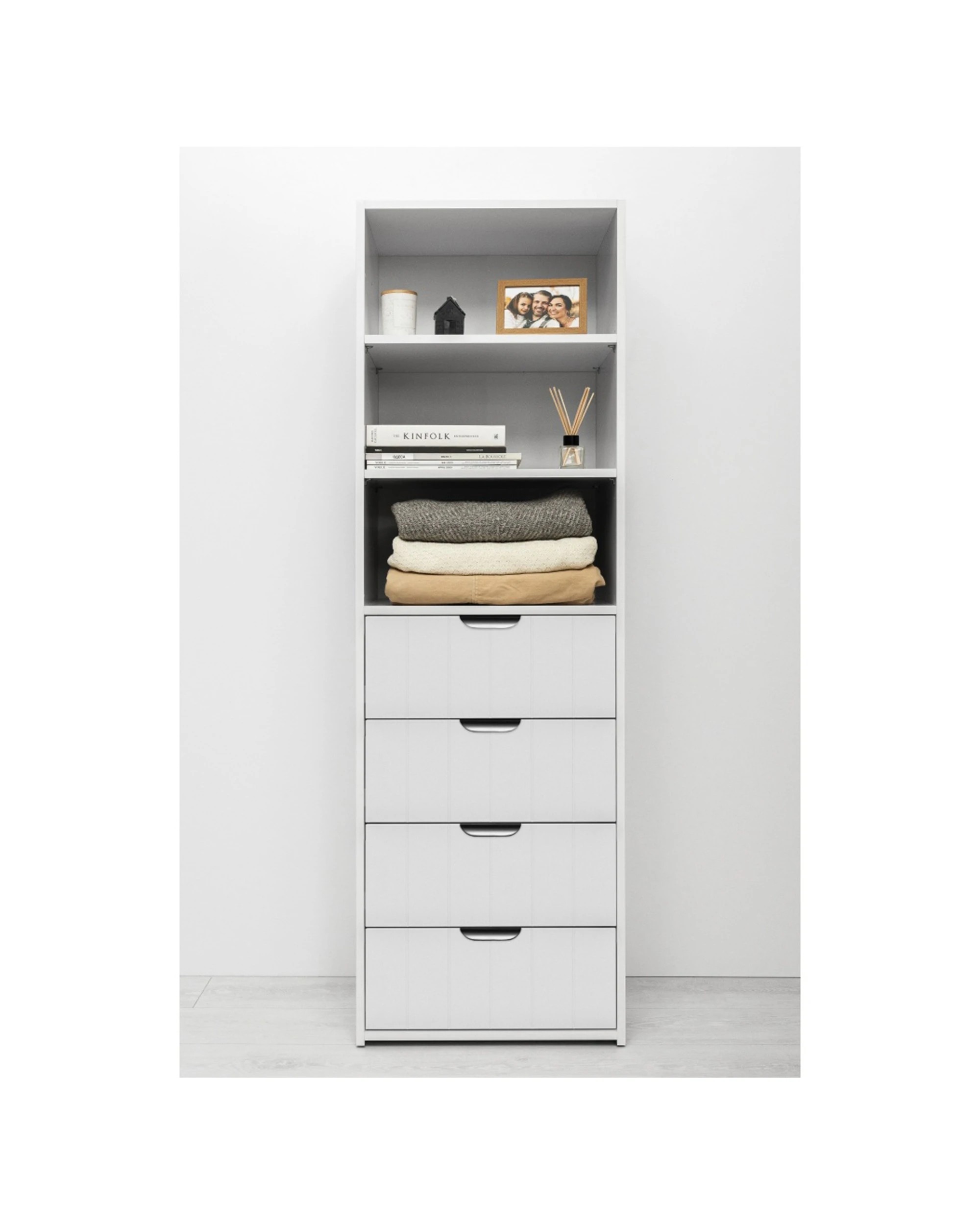 2 European Cabinetry Geneva 3 Shelf 4 Drawer Built In Wardrobe VJ Panel Pull Handle - White, 2 of 3